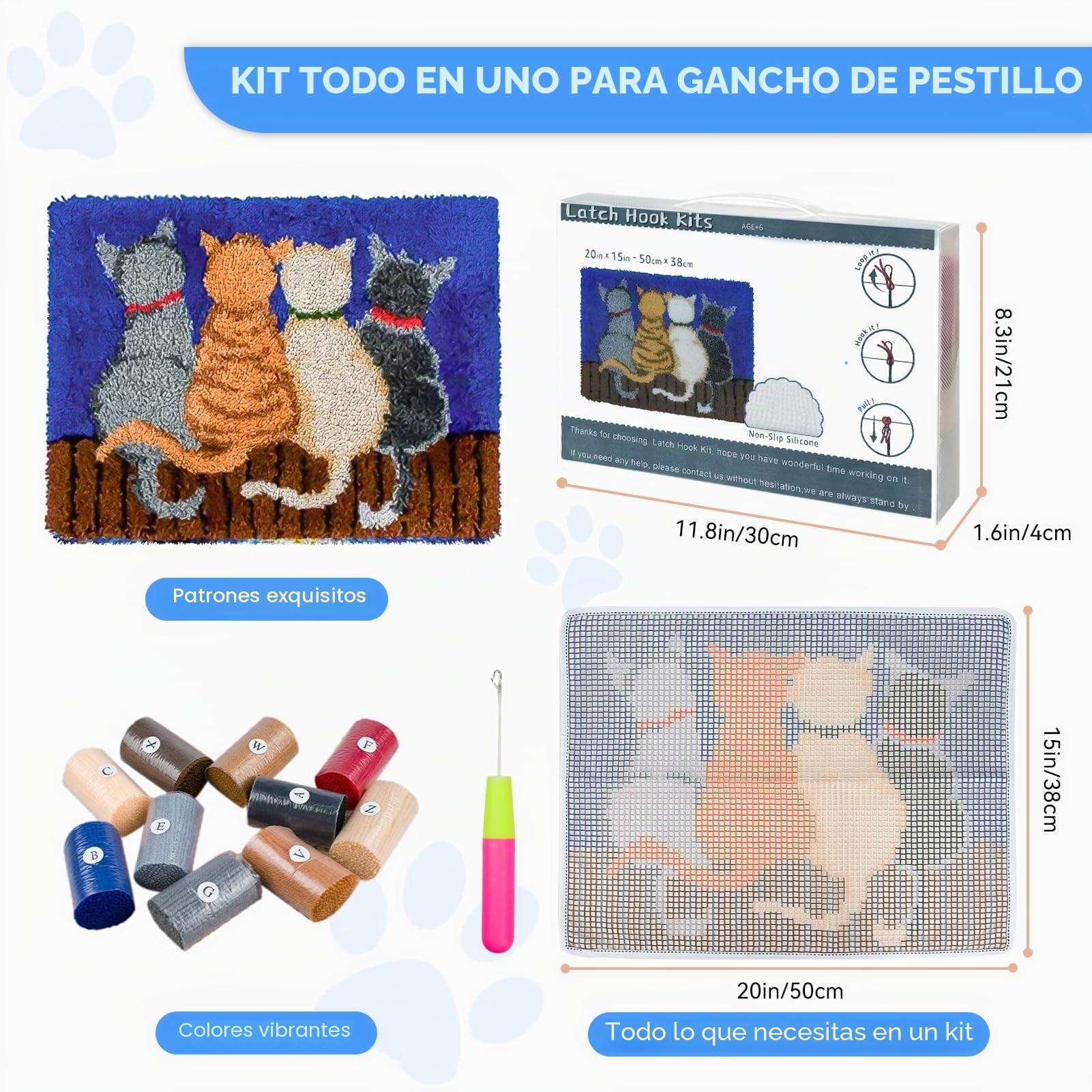 EsLuker.ly Kit de alfombras con gancho de pestillo, alfombra de ganchillo con patrones de gatos, alfombra de hilo de lona preimpresa, manualidades para adultos, niños y principiantes