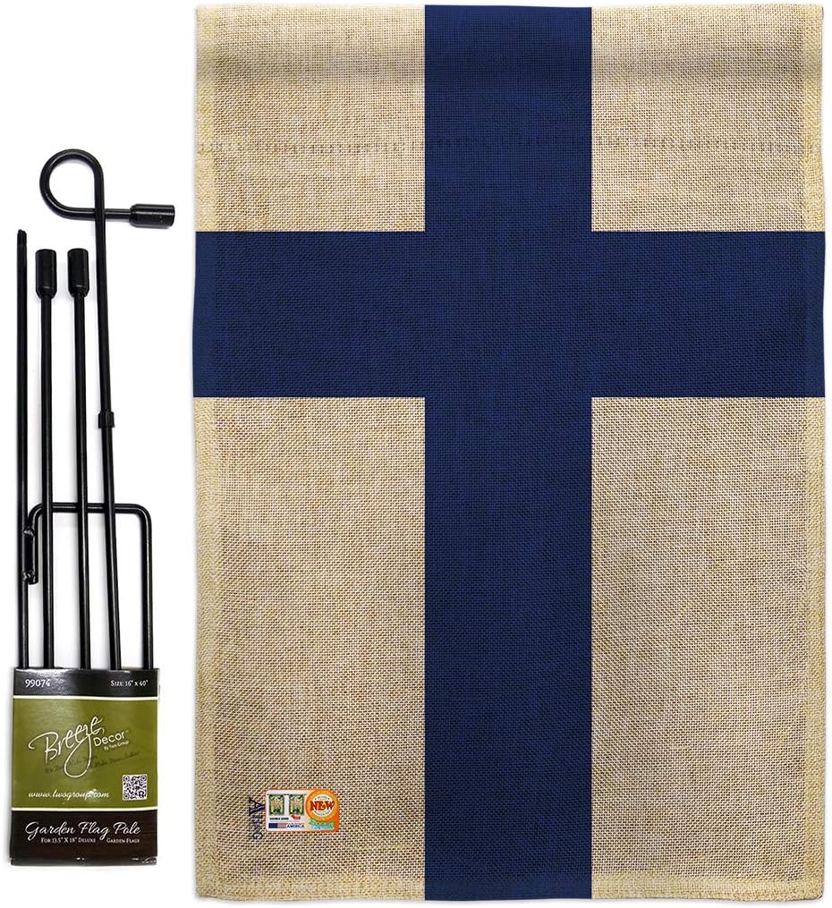 Finland Burlap Garden Flag Set with Stand Regional Nationality Nation International World Country Particular Area Small Decorative Gift Yard House Banner Double-Sided Made In USA 13 X 18.5