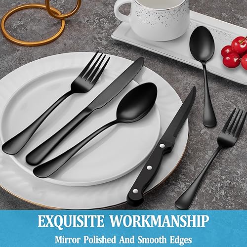 Miniatura 4 de Juego de cubiertos negros de 24 piezas, de acero inoxidable, para 4 personas, juego de vajilla de cocina, para el hogar y restaurante cuchillos de