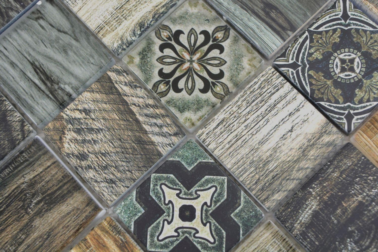 Piastrelle a mosaico, quadrate, in cristallo misto, marrone/verde, per parete e cucina, 10 pezzi