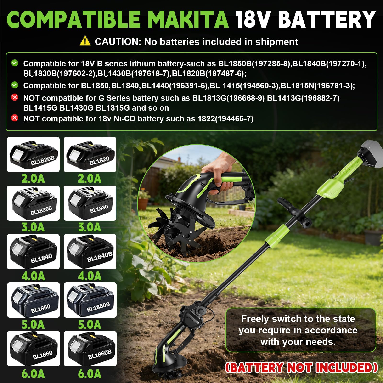 Akku-Hand Bodenhacke, kompatibel mit Makita 18V Akku (ohne Batterie), 550W Elektro Gartenfräse mit 10 cm Frästiefe und 10 cm Fräsbreite, Ackerfräse (mit 1m Stange)