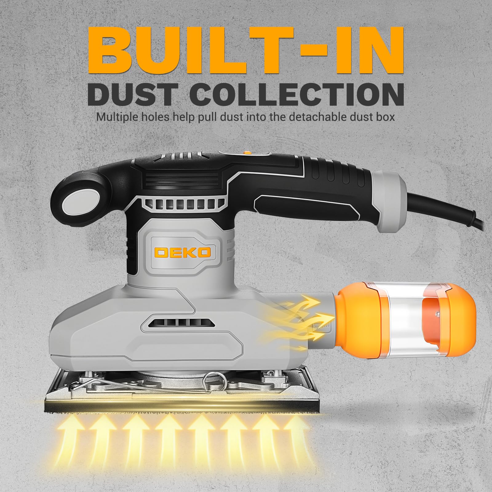 DEKOPRO Levigatrice orbitale da 280 W, 6 velocità, disco abrasivo da 90 x 187 mm, include 15 fogli abrasivi, adatta per progetti di bricolage in legno