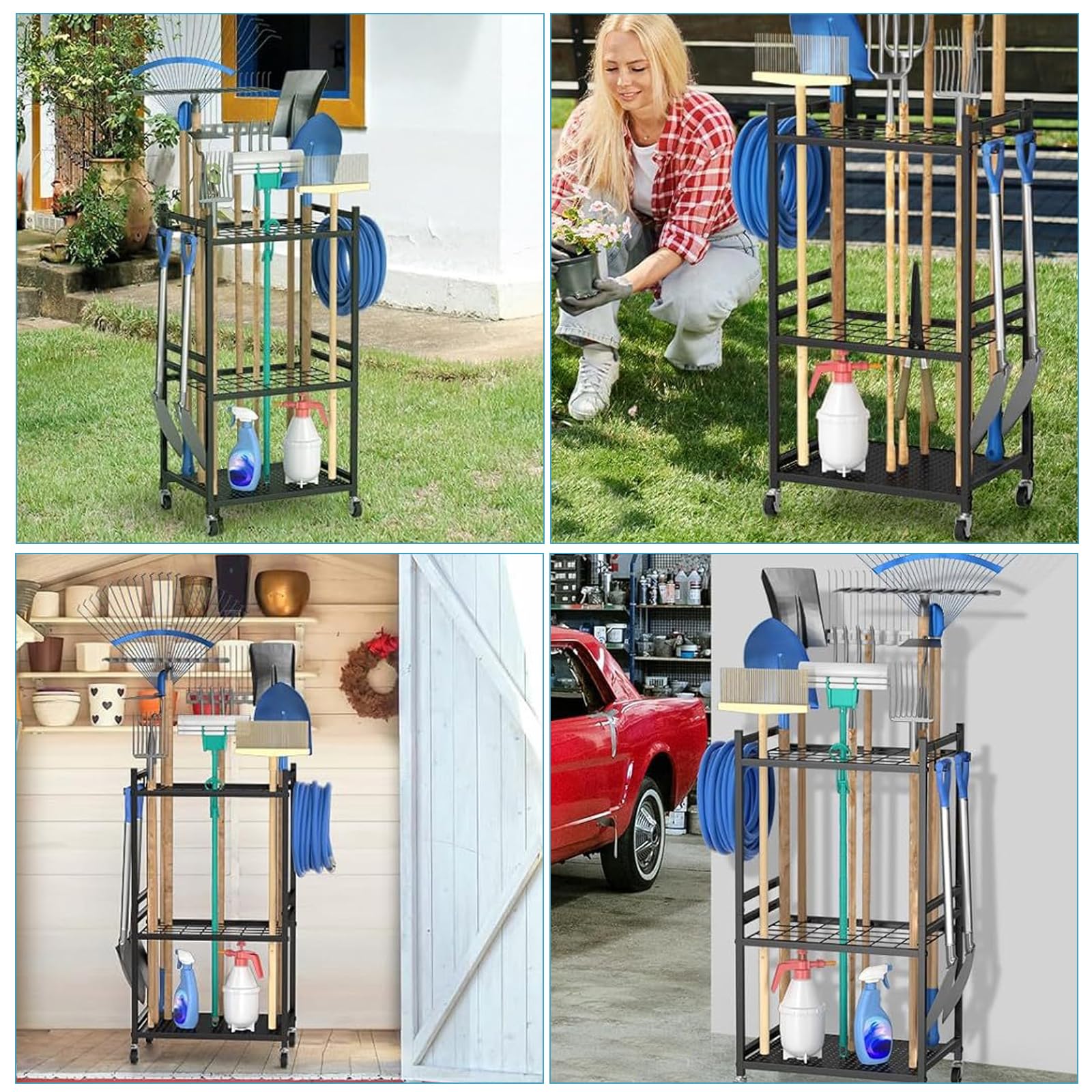 Gartenwerkzeug Organizer 3-stufig,Yard Tool Tower Rack,Garten Werkzeugregal mit 3 Beweglichen Haken & Feststellbaren Rollen,35 Fächer Hof Werkzeughalter für Garage,Schuppen & Terrasse