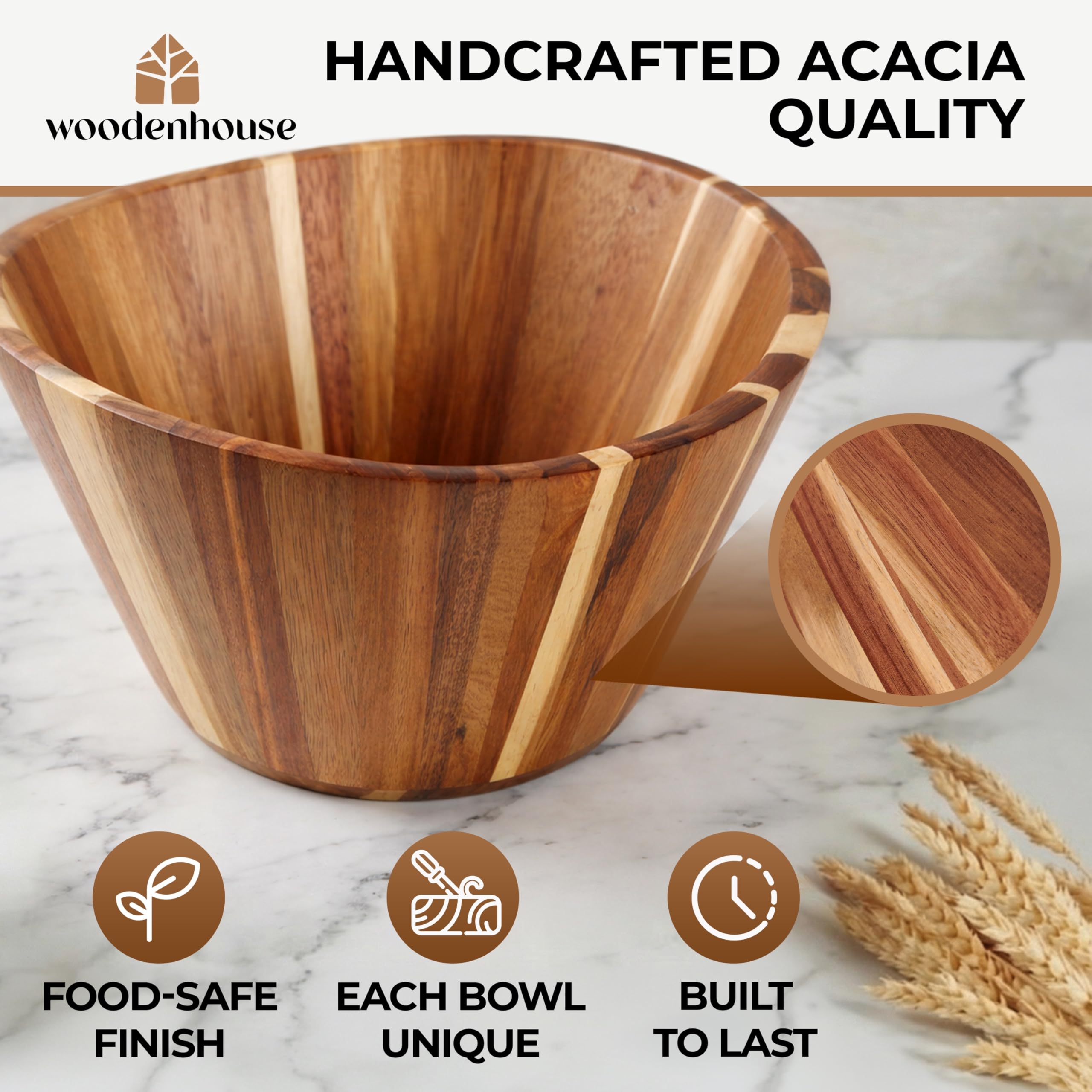 Ensaladera de madera extragrande – Cuencos de madera multiusos de acacia de 12 pulgadas, cuencos decorativos para decoración del hogar, almacenamiento, porción, hilo, diseño ondulado duradero hecho a