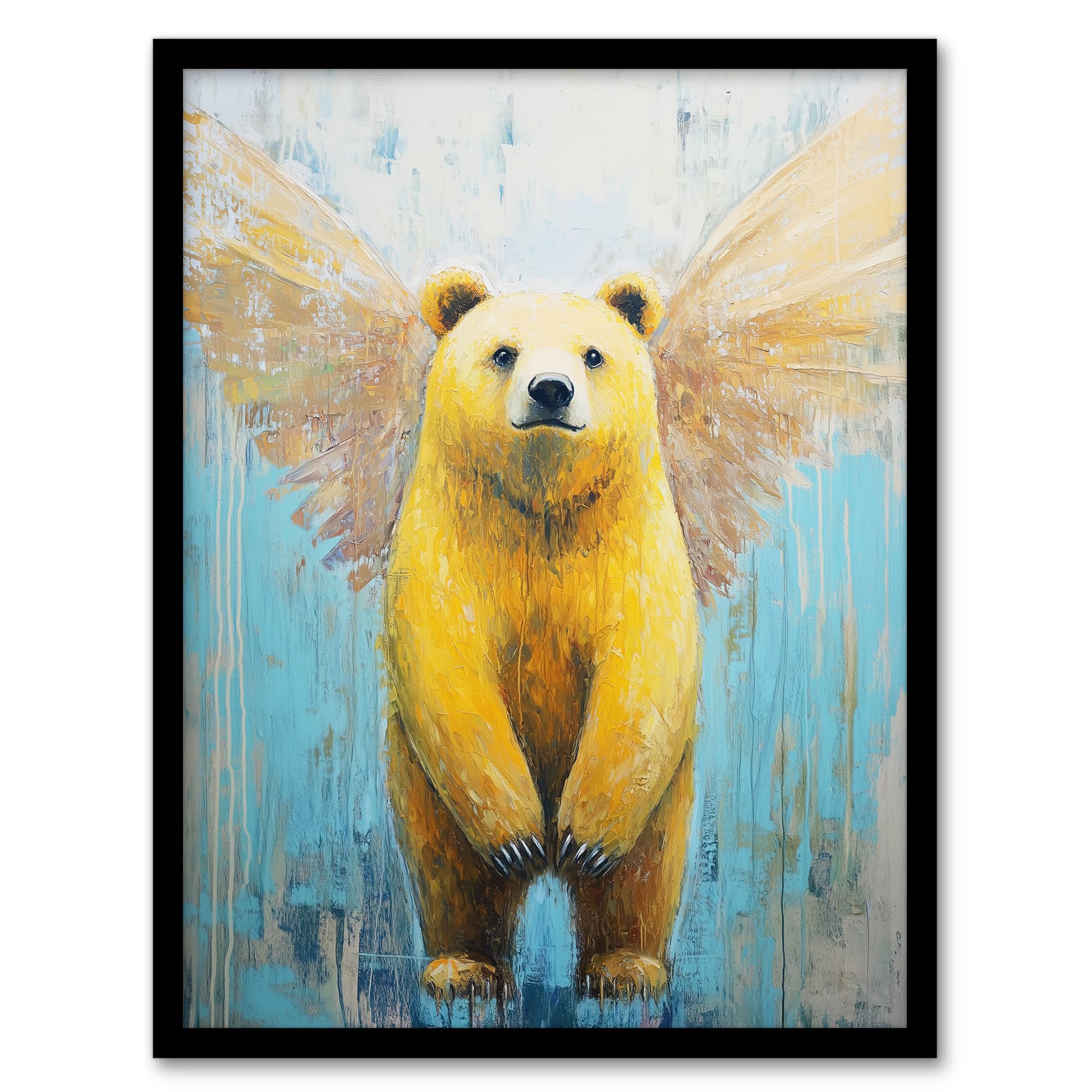 Yellow Bear Angel Wings Oil Painting Framed Art Print - Artery8 - A4 Size