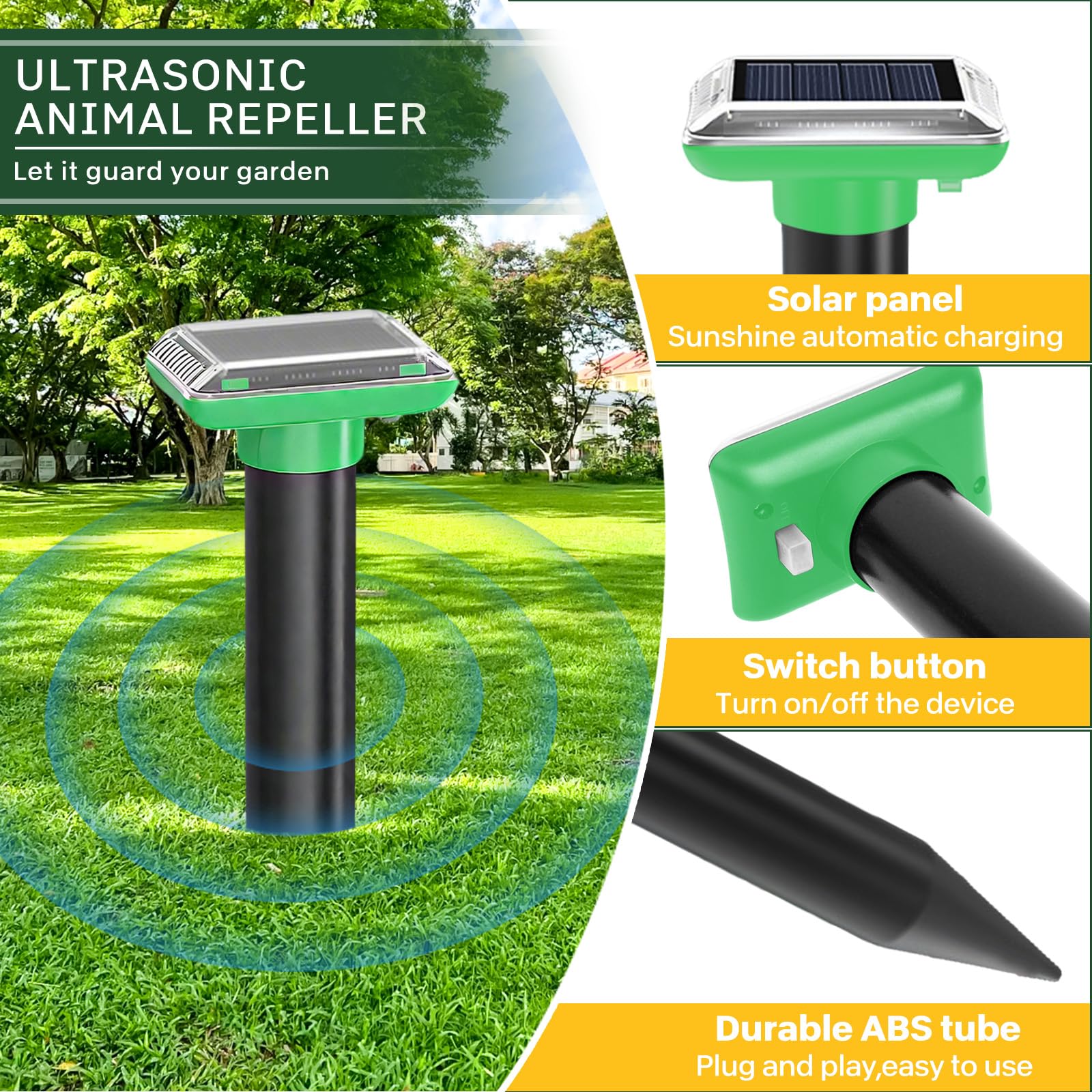 Lot de 4 répulsifs solaires Anti-Taupes, Répulsif à ultrasons, Fréquence Variable 400-1000 Hz, IP66 Imperméable, Dissuasif Efficace Repulsif Pigeon, Anti Souris Gopher, piège à Serpents
