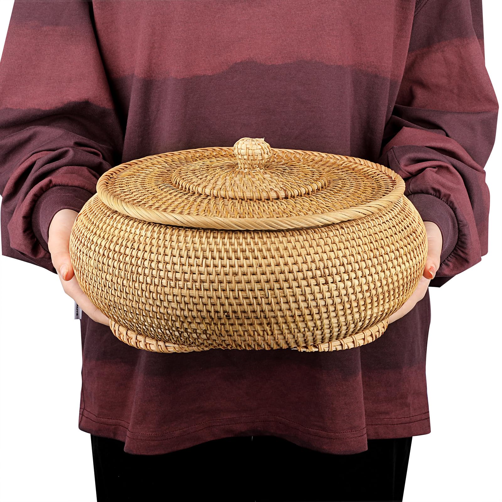 SUMTree Panier De Rangement En Rotin Rond Avec Couvercle 30x12cm - Organisateur Déco Maison Et Cuisine