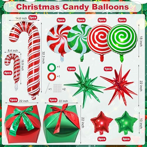 Miniatura 2 de JANEF 32 globos de papel de aluminio de Navidad, globos grandes de remolino de bastón de caramelo rojo, blanco, verde, globos de papel de aluminio