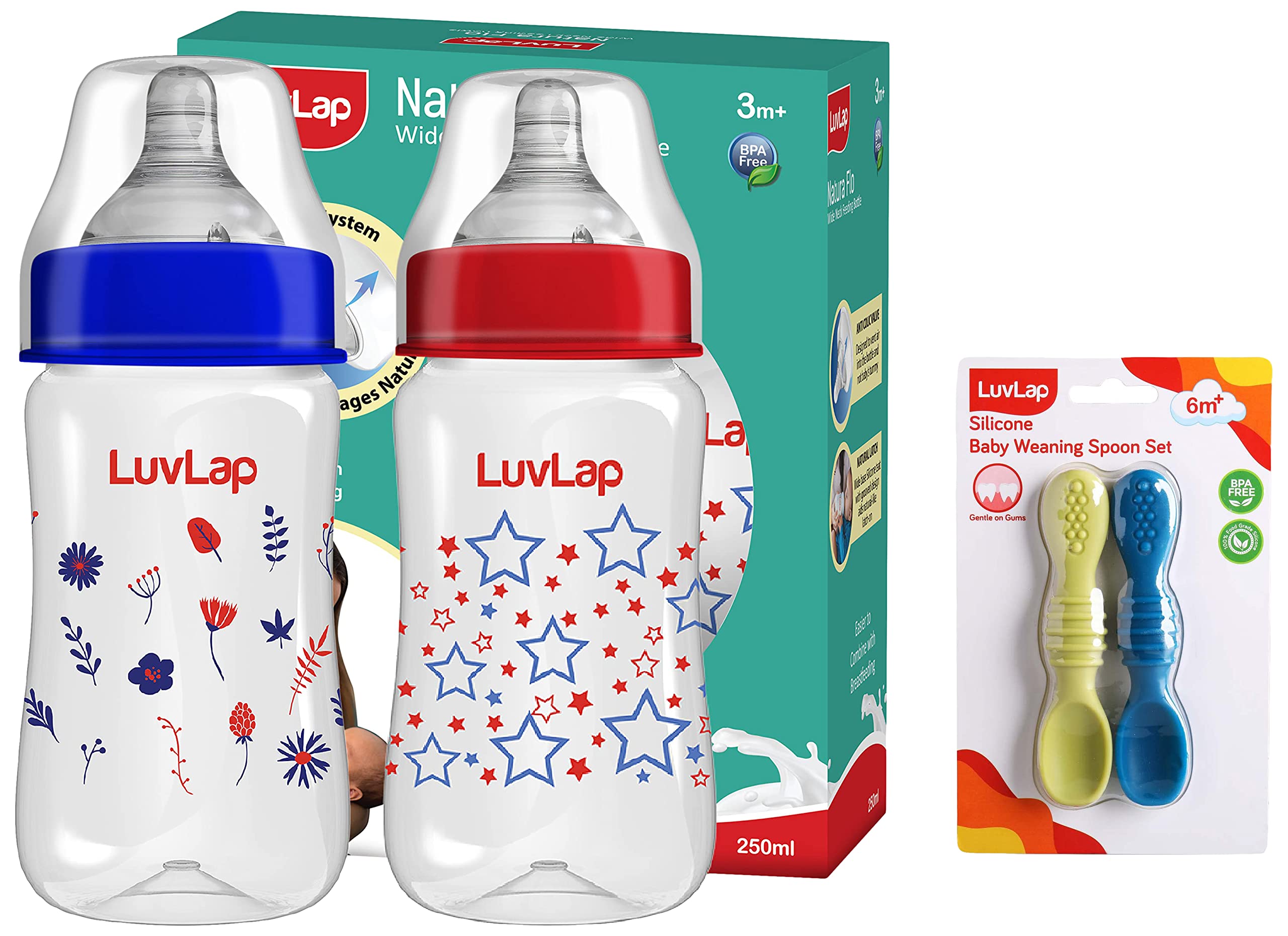 LuvLap Anti-Colic Wide Neck Natura Flo Baby Feeding Bottle, 250ml (Pack of 2) & LuvLap Silicon Spoons for Baby Feeding & Baby Led Weaning Set of 2, Baby Feeding & Training Spoons, Gum Friendly,-picture-34