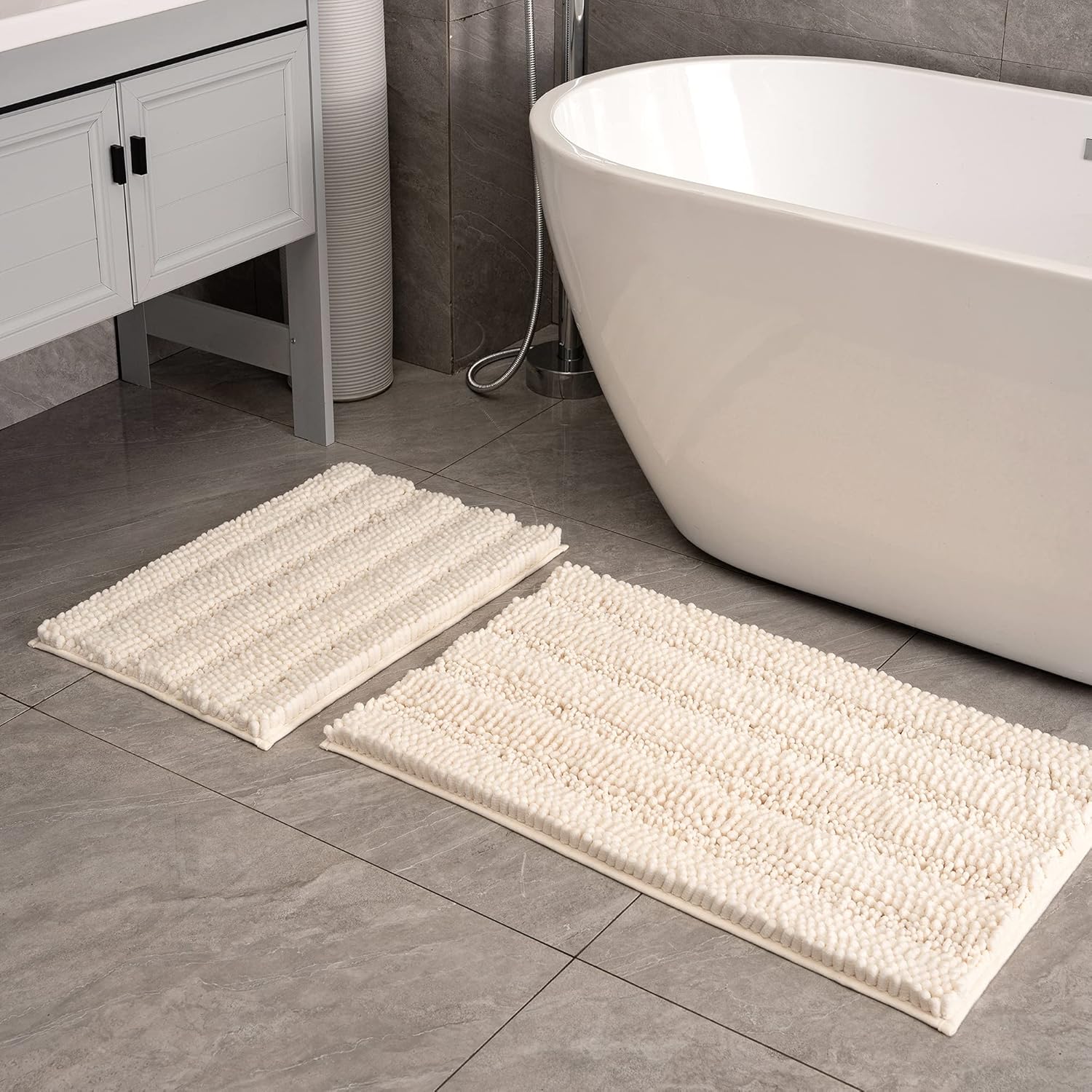 Bathroom Rug Sets 2 Piece Extra Thick Chenille Mats Fluffy Soft Absorbent Non Slip Washable Mats for Bathroom, Tub, Indoor 24×16+32×20, Cream