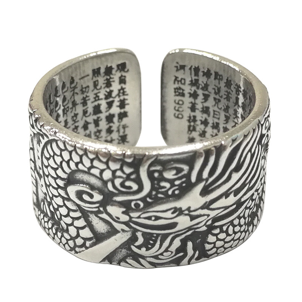 Bague Dragon Chinois Vintage Argent 999 Sutra Du Cœur Réglable Homme Femme