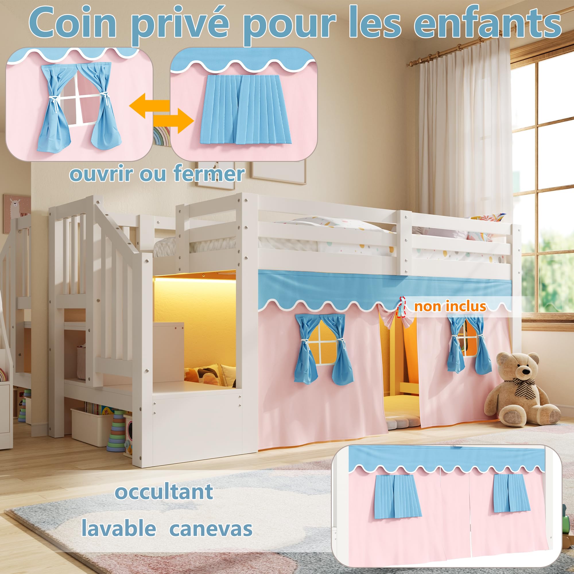 Sapgaks Lit Mezzanine Enfant 90x200 cm Con Bande LED,Rideaux occultants, Espace Ouvert sous Le lit,lit mi Hauteur en pin,sans Matelas,Blanc