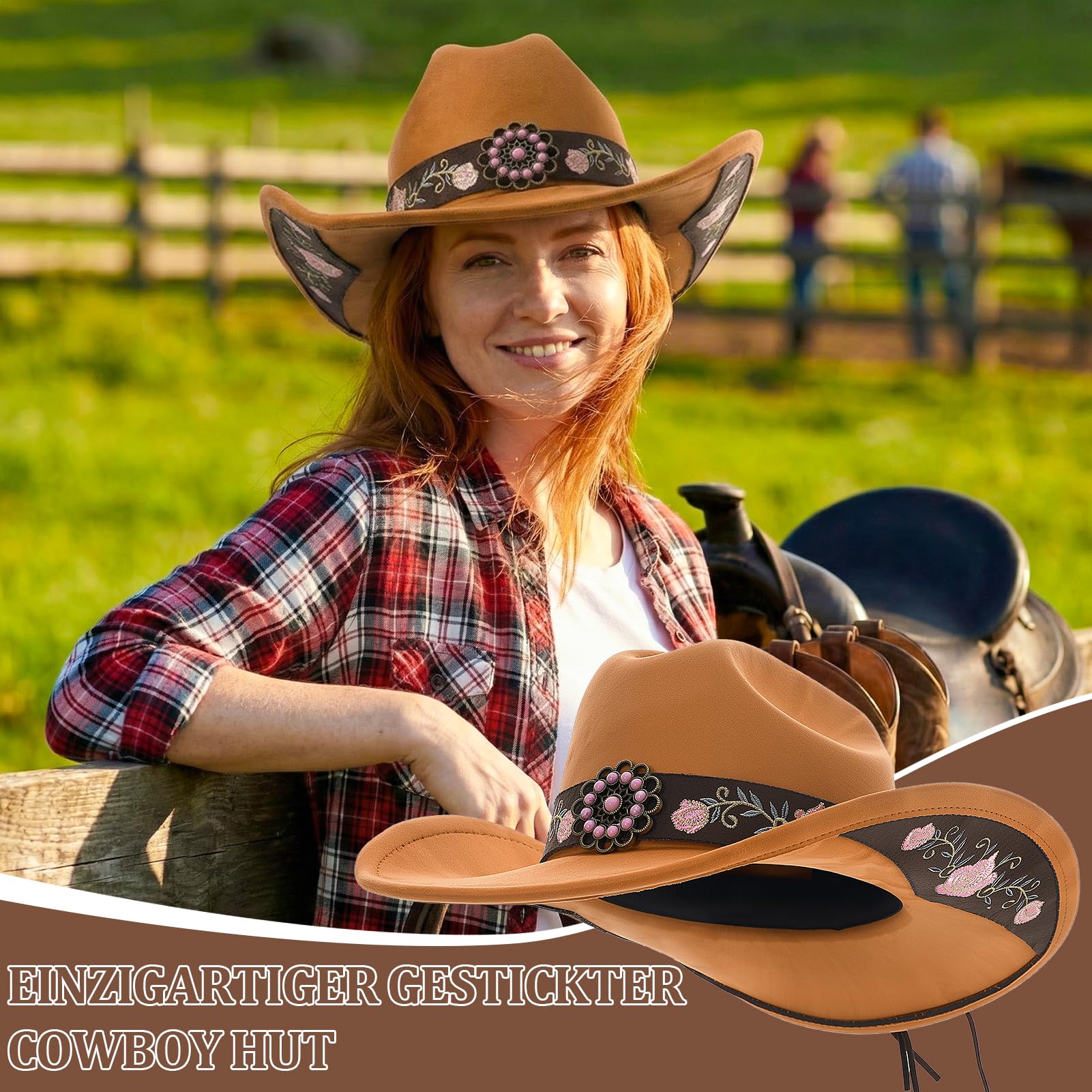 Utensilsto Western-Cowboyhut für Damen mit breiter Krempe und Stickerei