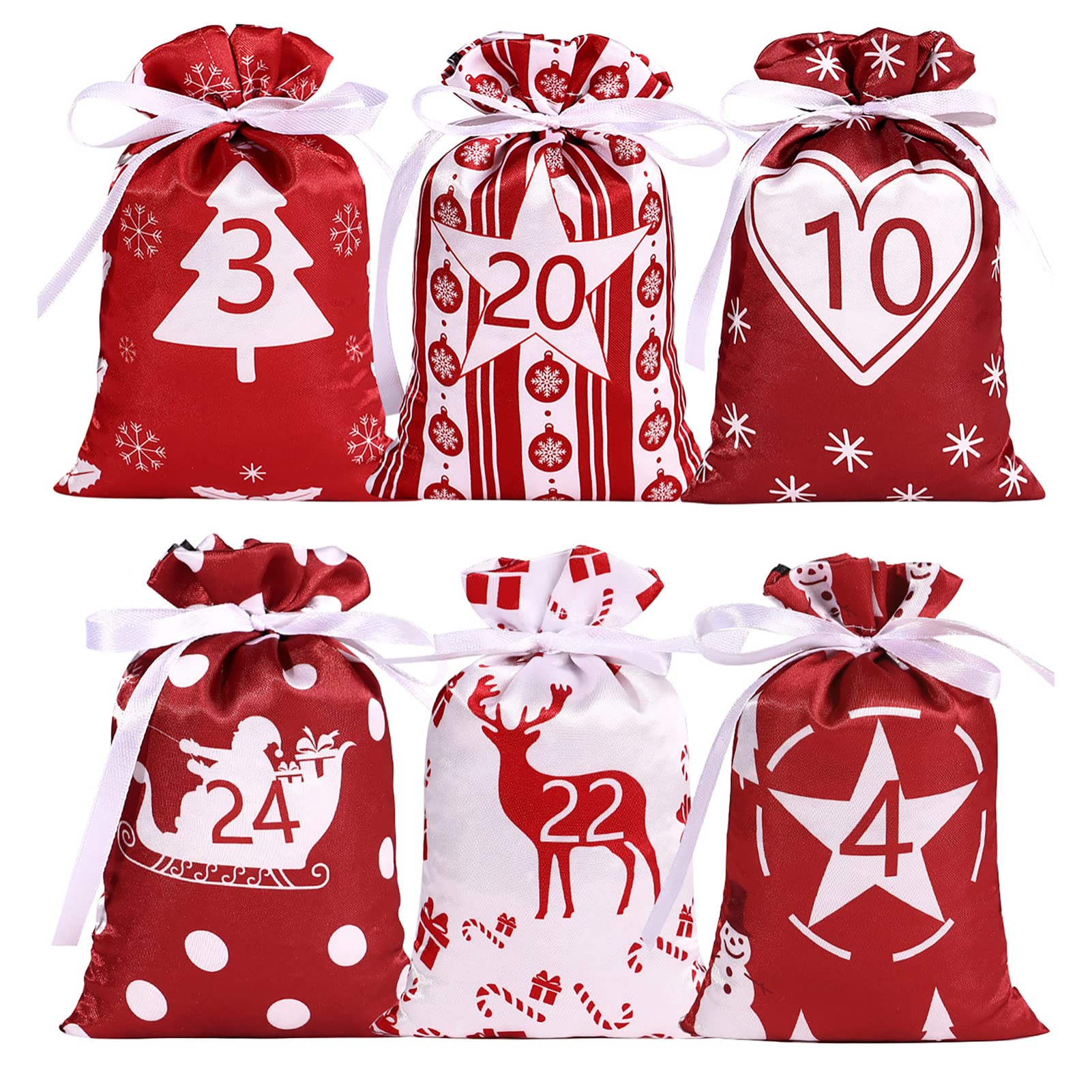 5 sacchetti per calendario 'Avvento, calendario natalizio con | conto alla rovescia, regalo con coulisse, materiale satinato e design natalizio, buon effetto decorativo per