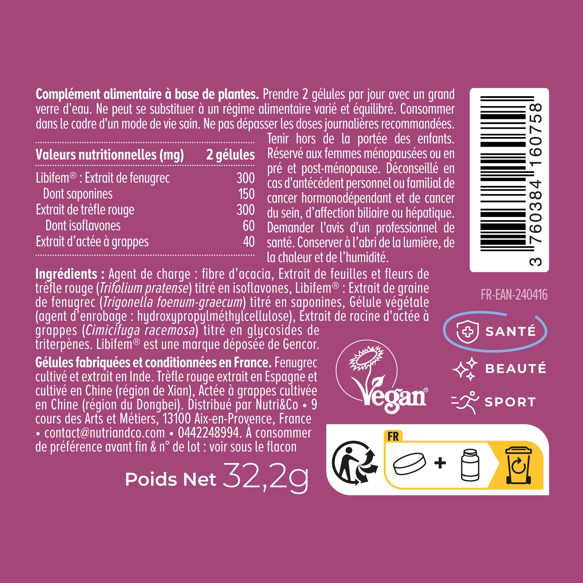 NUTRI & CO Ménopause et Pré-Ménopause BIO-Actif - Sans Hormones 100% Naturel - Libifem® Extrait de Fenugrec - Bouffées de Chaleur et Troubles de l'Humeur - 60 Gélules Vegan - Fabriqué en France