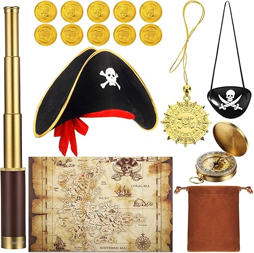 Juego de 17 piezas de telescopio monocular pirata mapa del tesoro sombrero pirata parche de ojo brújula collar pirata monedas de plástico con bolsa