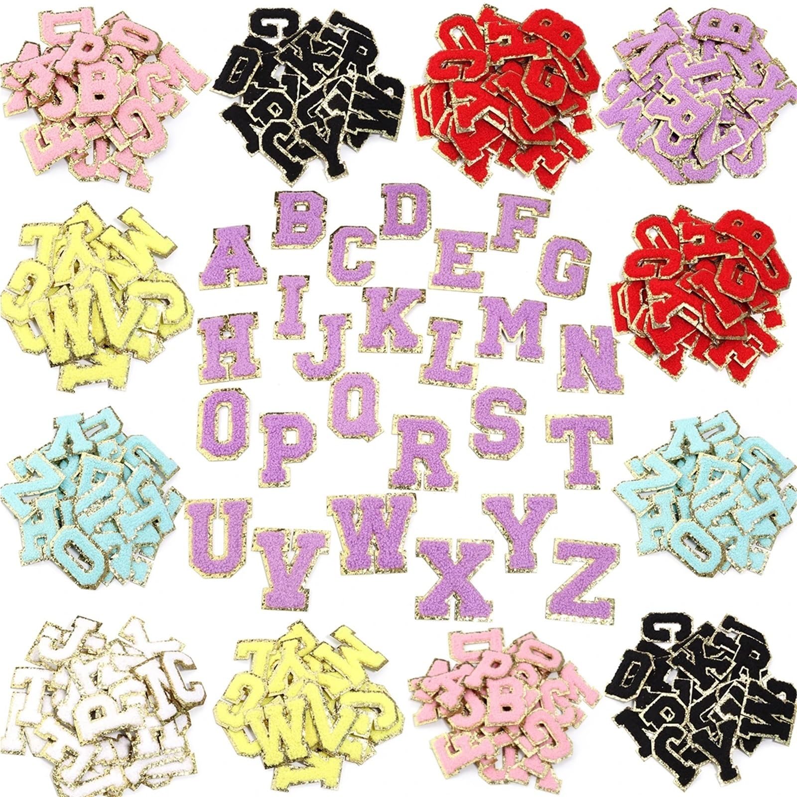 Aufnäher zum Aufbügeln für Kleidung, 2 Sets, 52 Stück, Buchstaben zum Aufbügeln, Stickerei, Stoff, bunt, Alphabet, zum Aufbügeln, für selbstgemachte Taschen, Violett (zum Aufkleben)