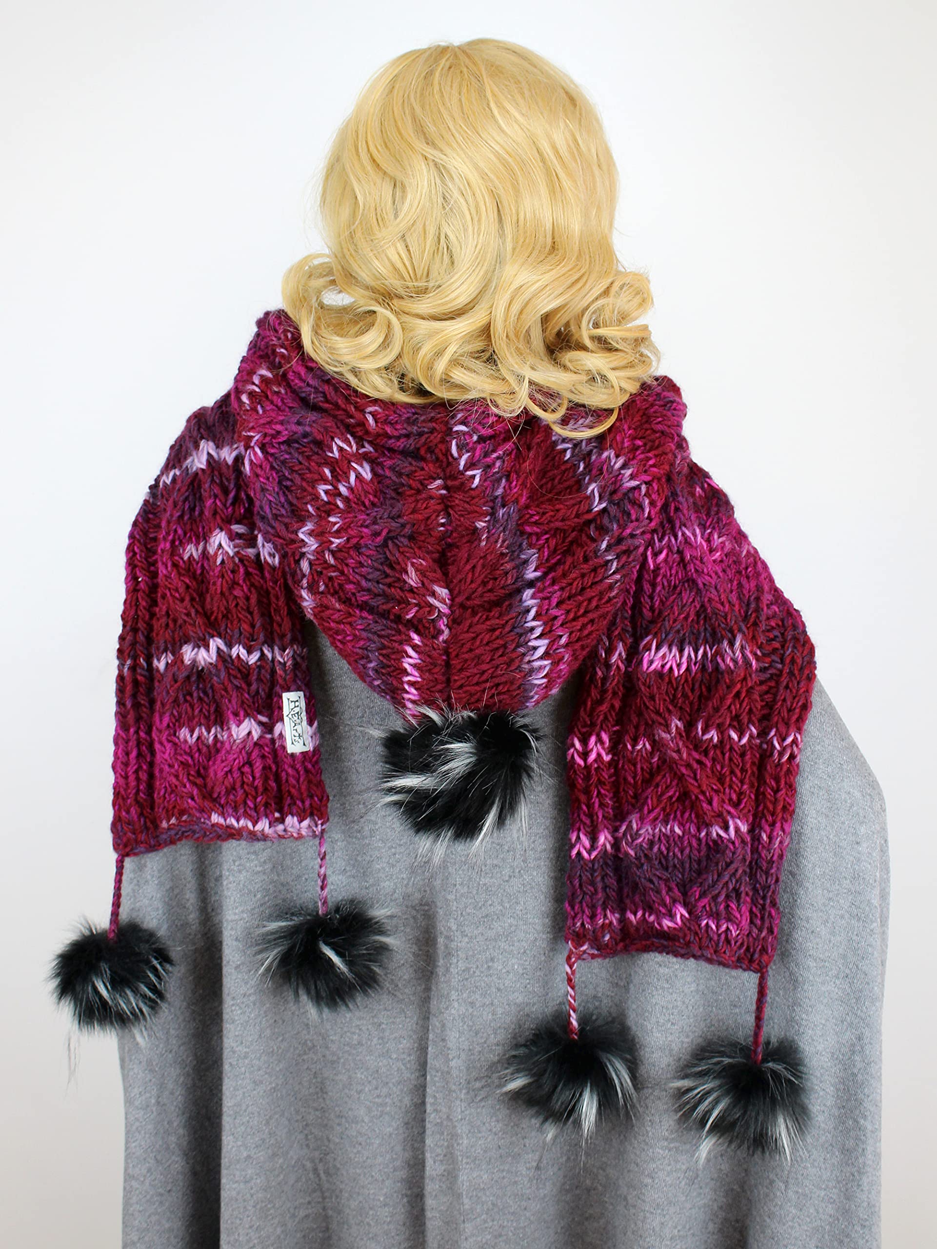 Kapuzenschal exklusiv 4 Farben mit Kunst-fell-bommel handgestrickt Farbwahl Schal XXL Mützenschal (bordeaux weinrot meliert)