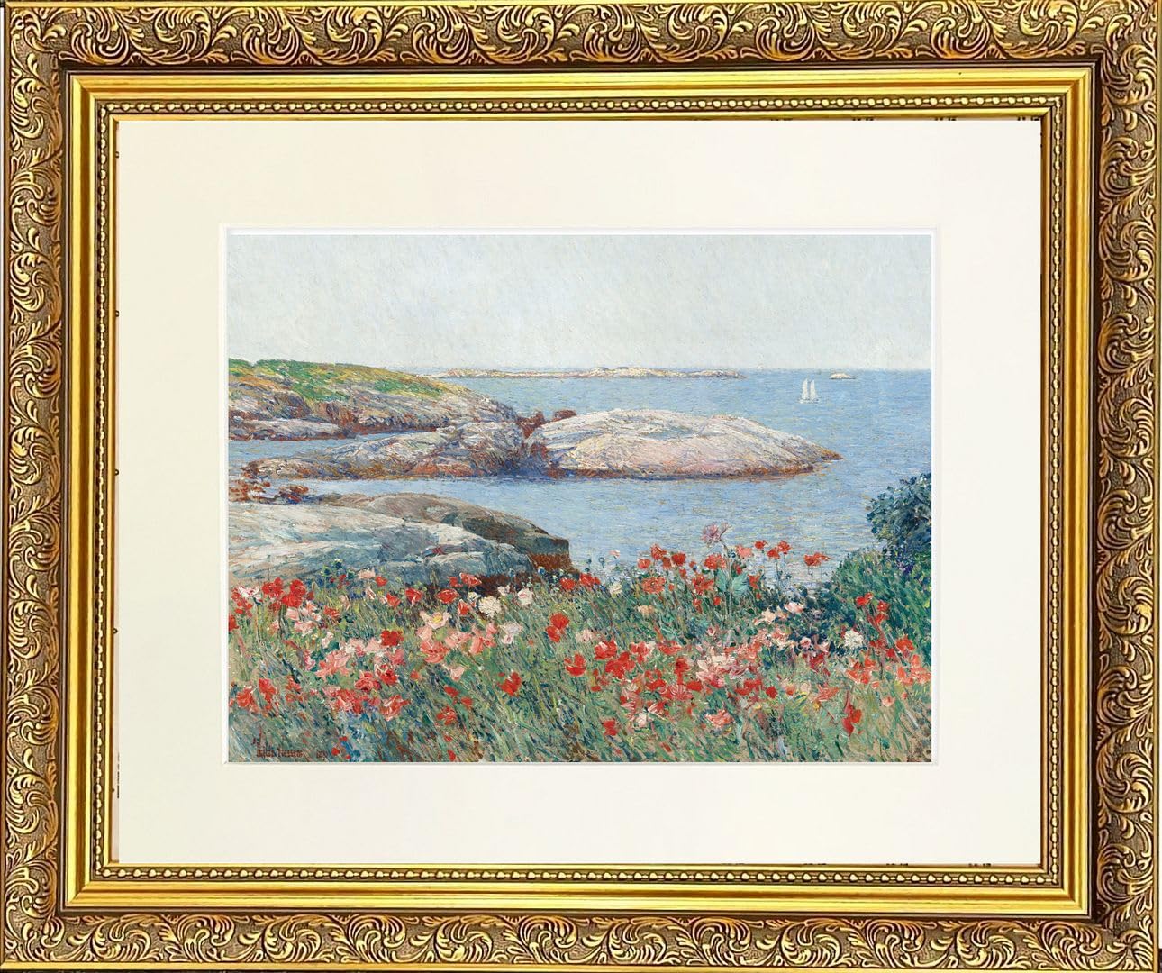 Poppies Mounted & Framed Print in Gold Dahlia Frame 11 x 9 Inch