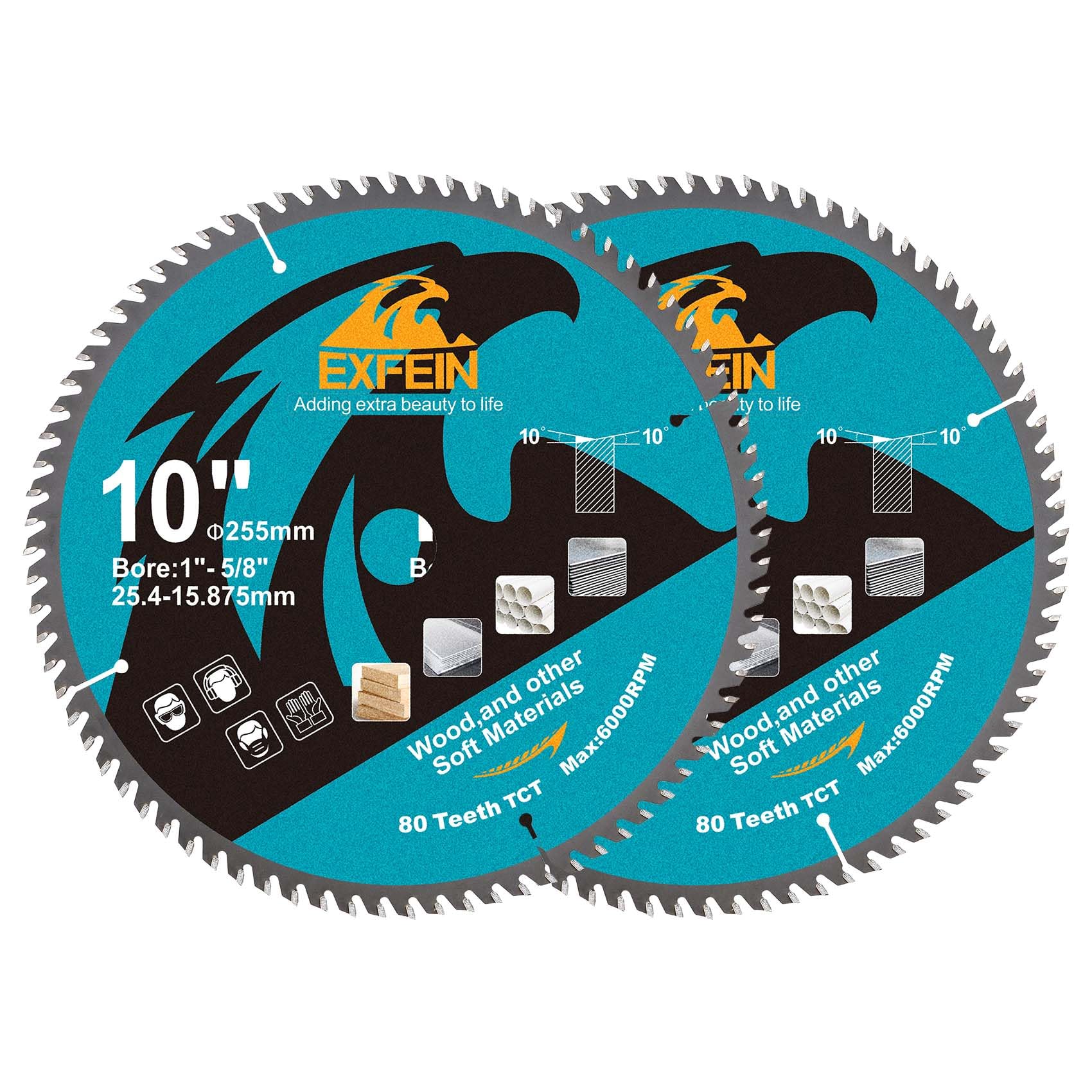 EXFEIN 255mm Wood Cutting Discs 2pcs, 80 Teeth ATB TCT Fine Finish Disc with 25.4mm Bore for Wood Plastic