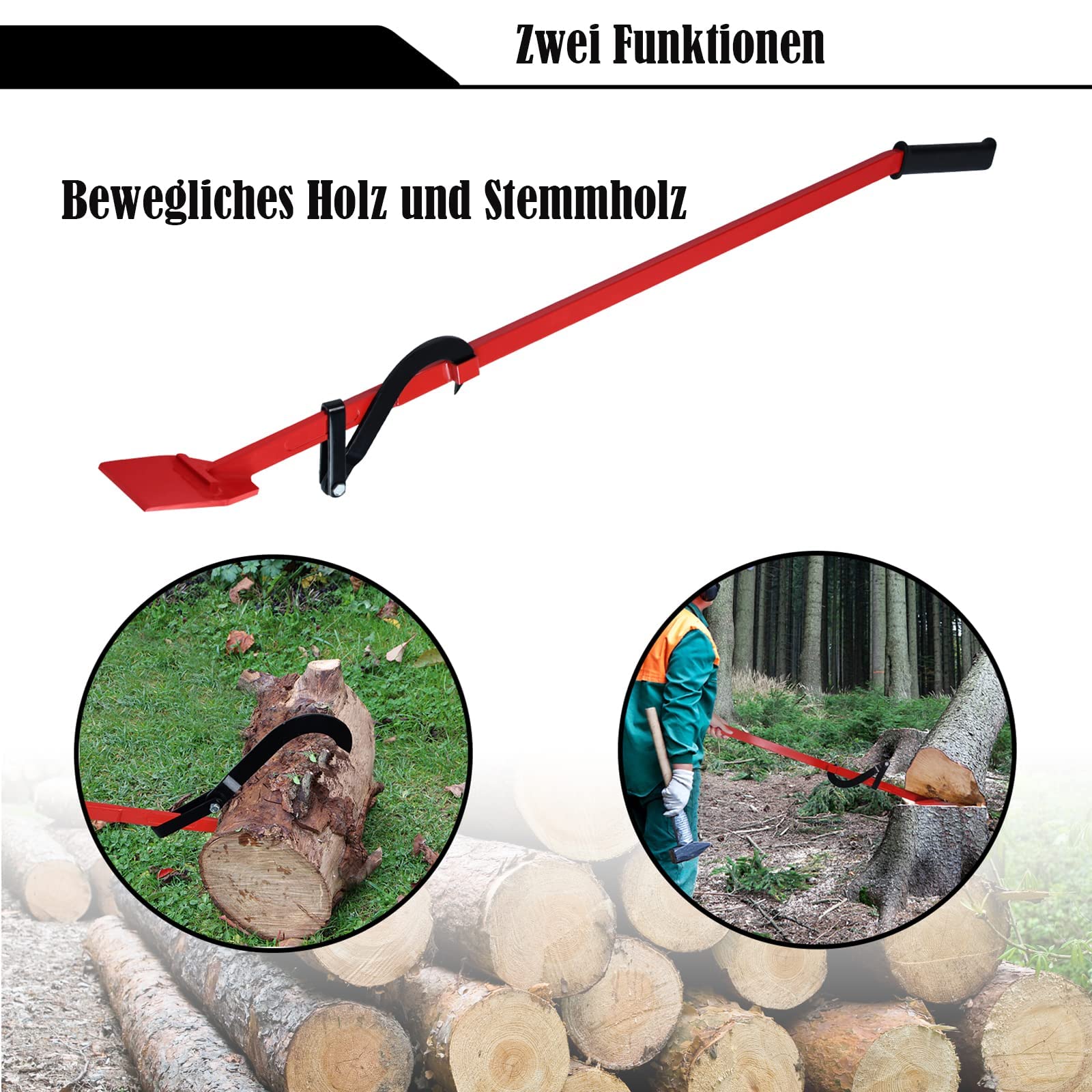 LZQ Lève-abattage professionnel pour charges lourdes - 130 cm - Avec crochet réversible - Charge maximale : 250 kg - Accessoire forestier pour le travail du bois