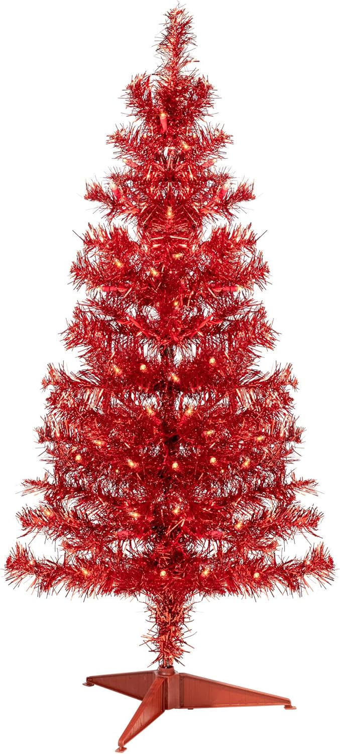 Northlight Pre-Lit Artificial Tinsel Christmas Tree - 3' - Red - Clear Lights