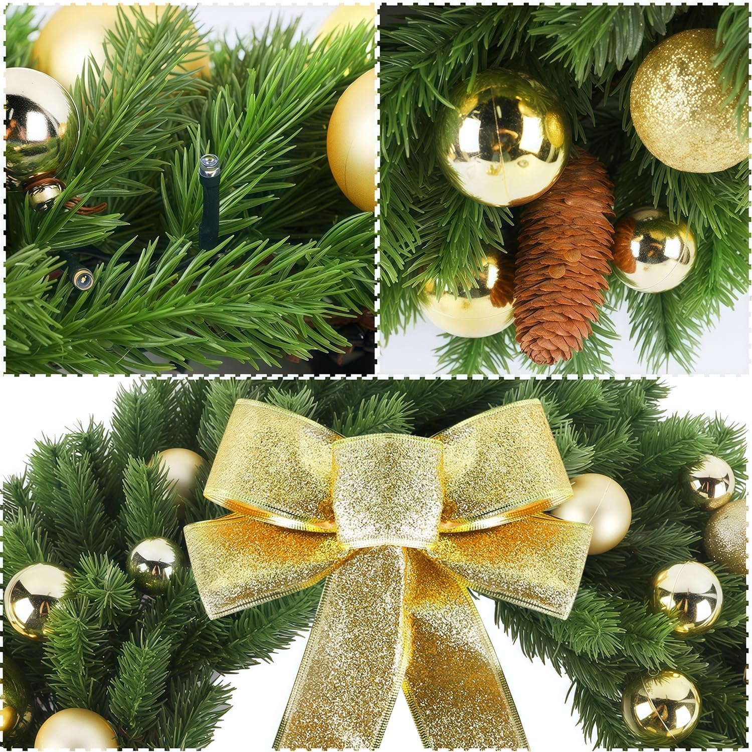 Hausse 21" Lighted Christmas Wreath with Metal Hanger, Pre-lit Xmas Folded Wreath with LED Lights, Golden Bow & Balls, Battery Operated & Timer for Front Door Gate Wall Holiday Party Decor - Image 5