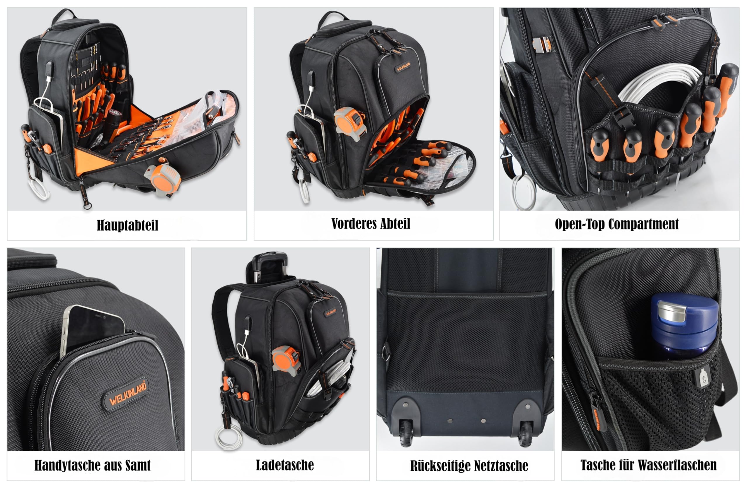 WELKINLAND 72 Taschen Roll-Werkzeug-Rucksack, große Werkzeugtasche mit Rollen, elektrische Tasche mit Rollen für Herren