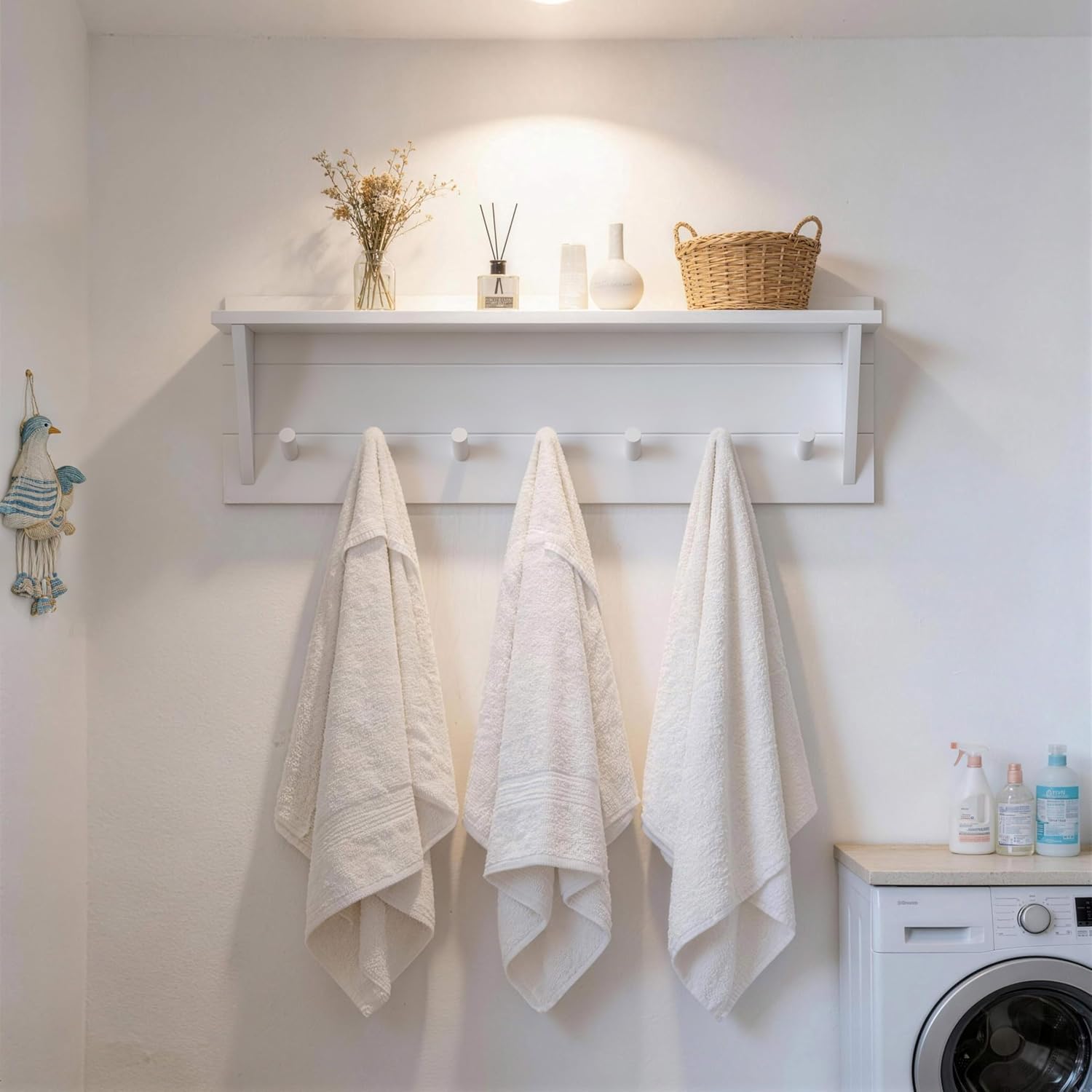 WEBI Coat Rack Wall Mount with Shelf,30" Long Entryway Wall Shelf with Hooks Underneath,7 Peg Hooks for Hanging Coats,Caps,Jacket,Clothes,White