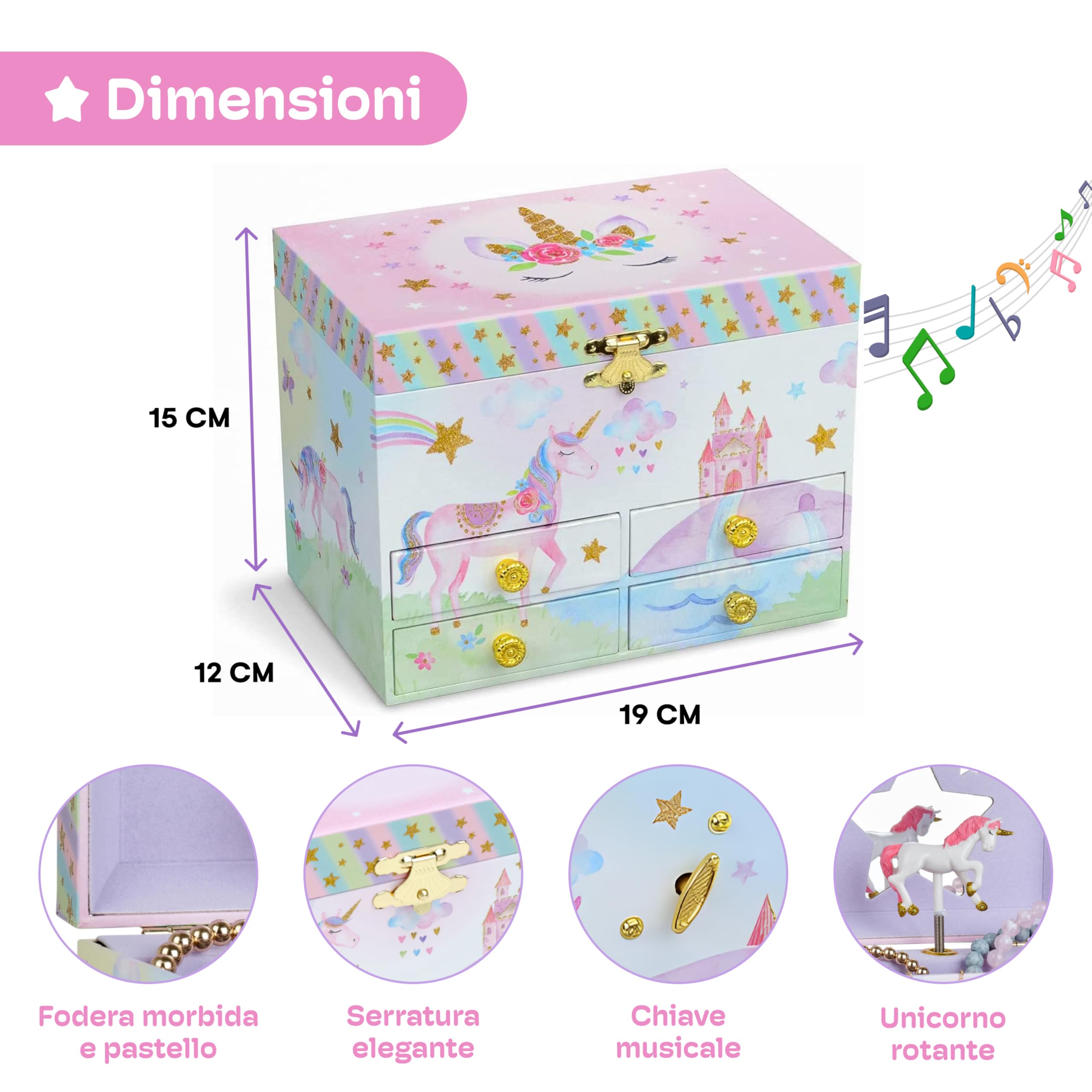 Jewelkeeper - Carillon portagioielli con Unicorno, arcobaleno e stelle glitterato da regalo: grande, con 4 cassetti estraibili - Melodia dell'Bel sognatore