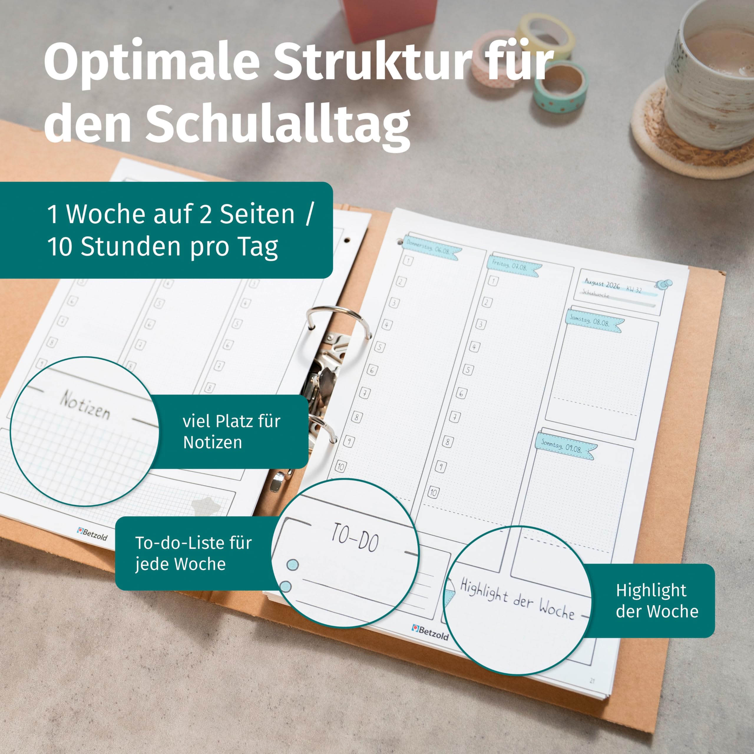 Betzold Design Lehrerkalender 2026/2027 DIN A4 Loseblattsammlung - Schulplaner, Schuljahr-Organizer, gelocht zum Abheften