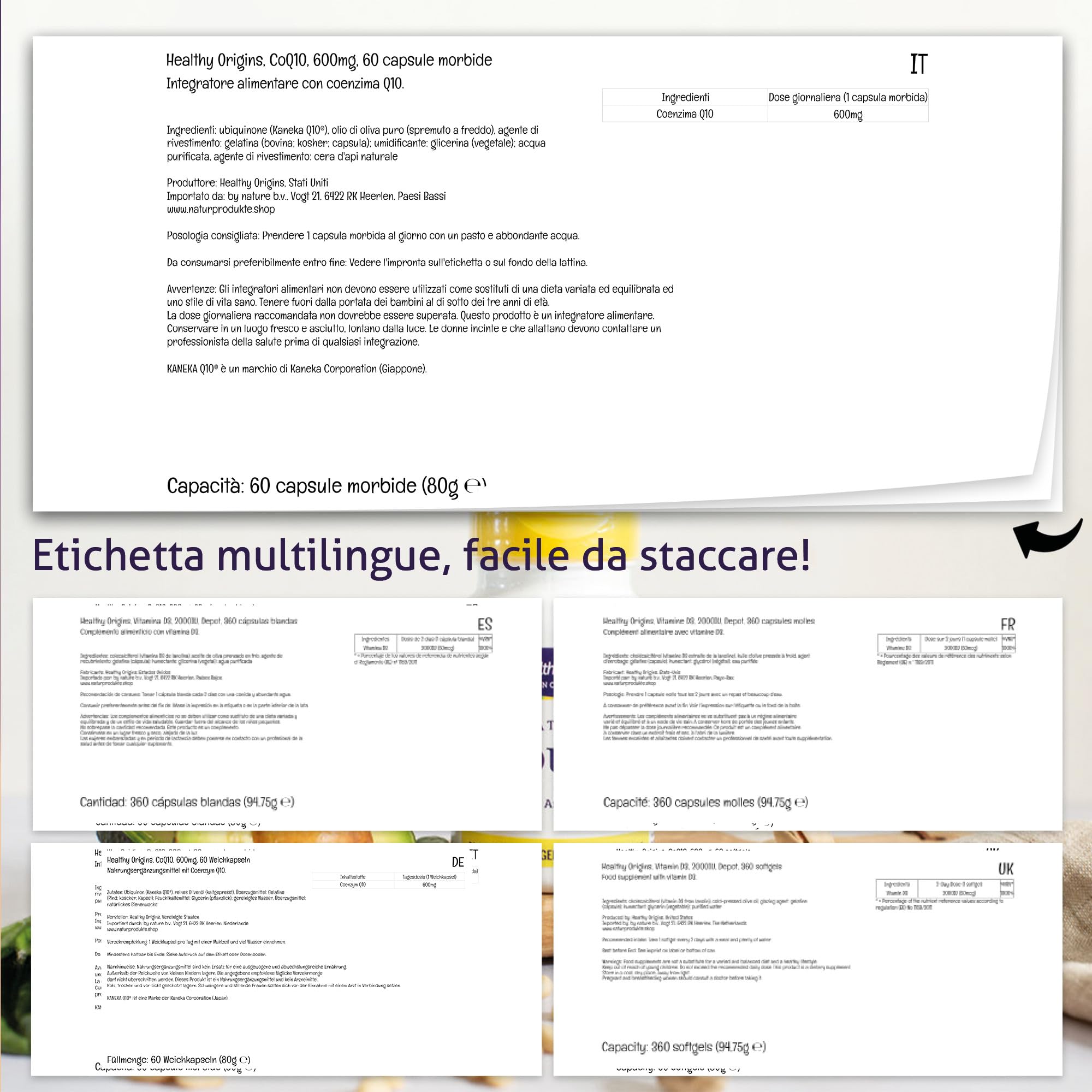Healthy Origins, Natural CoQ10 con Kaneka Q10, 600 mg, Altamente Dosato, 60 Capsule molli, Testato in Laboratorio, Senza Glutine, Senza Soia, Non OGM