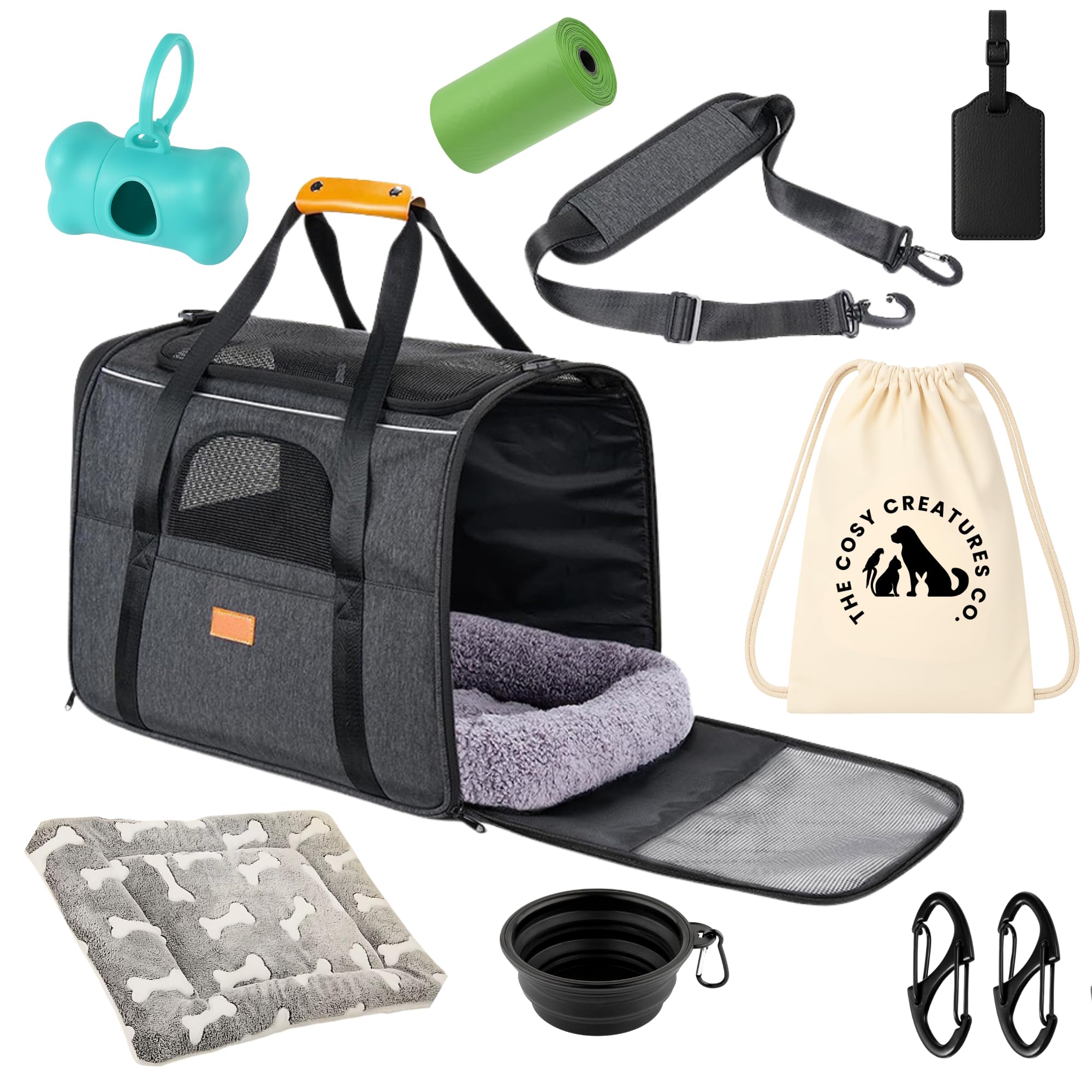 The Cosy Creatures Co. ® 10 Pcs Grey Pet Carrier Set, Portable Large Dog Bed & Cat Carrier, Vet Bed, Dog Blanket, Poo Bag Holder, Collapsible Dog Bowl and Suitcase Tag