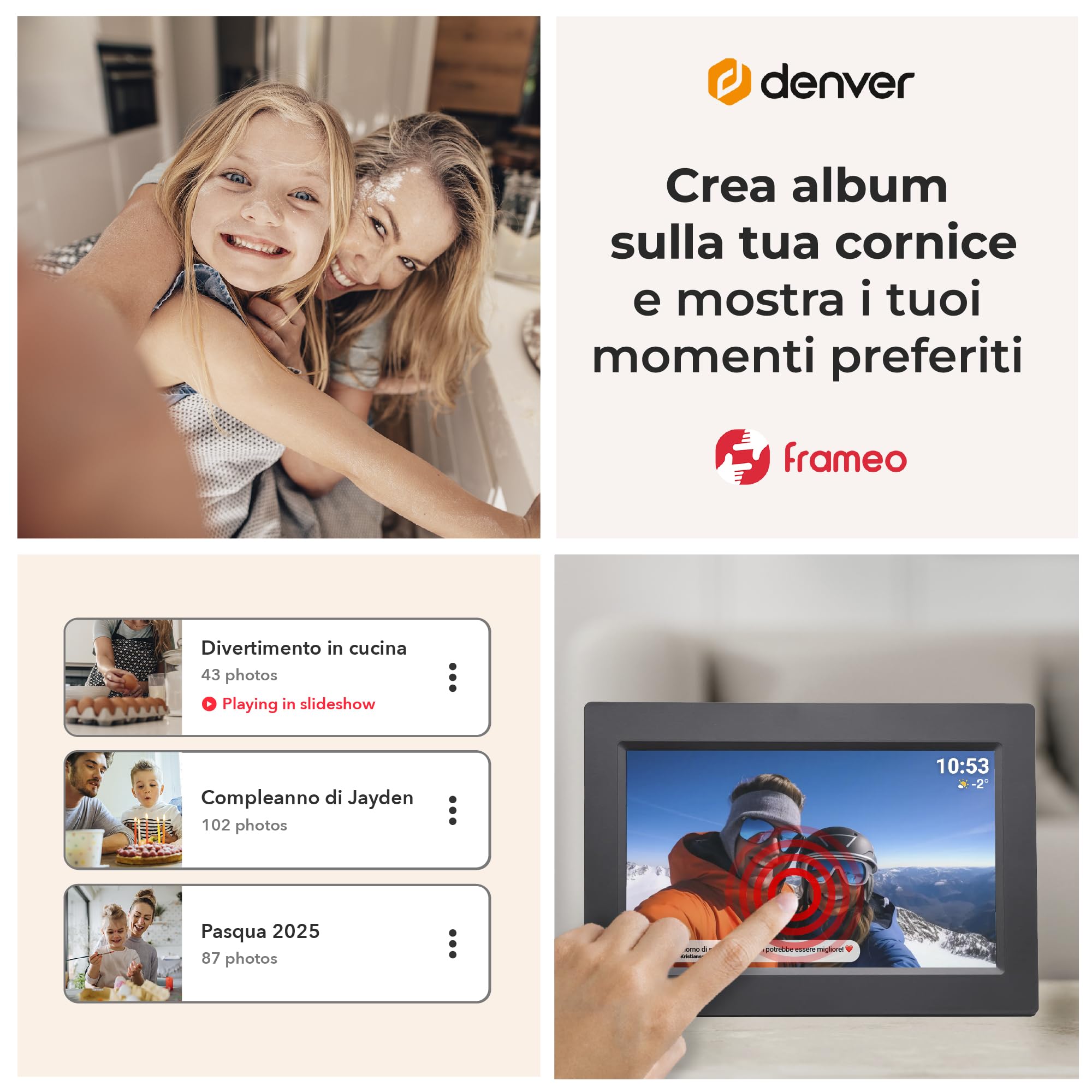 Cornice Digitale 10 Pollici WiFi – Schermo IPS HD 1280x800 – Portafoto Digitale Frameo Denver per Foto e Video – Cornice Elettronica Touchscreen Smart – 16GB Memoria – Slot microSD – Nera
