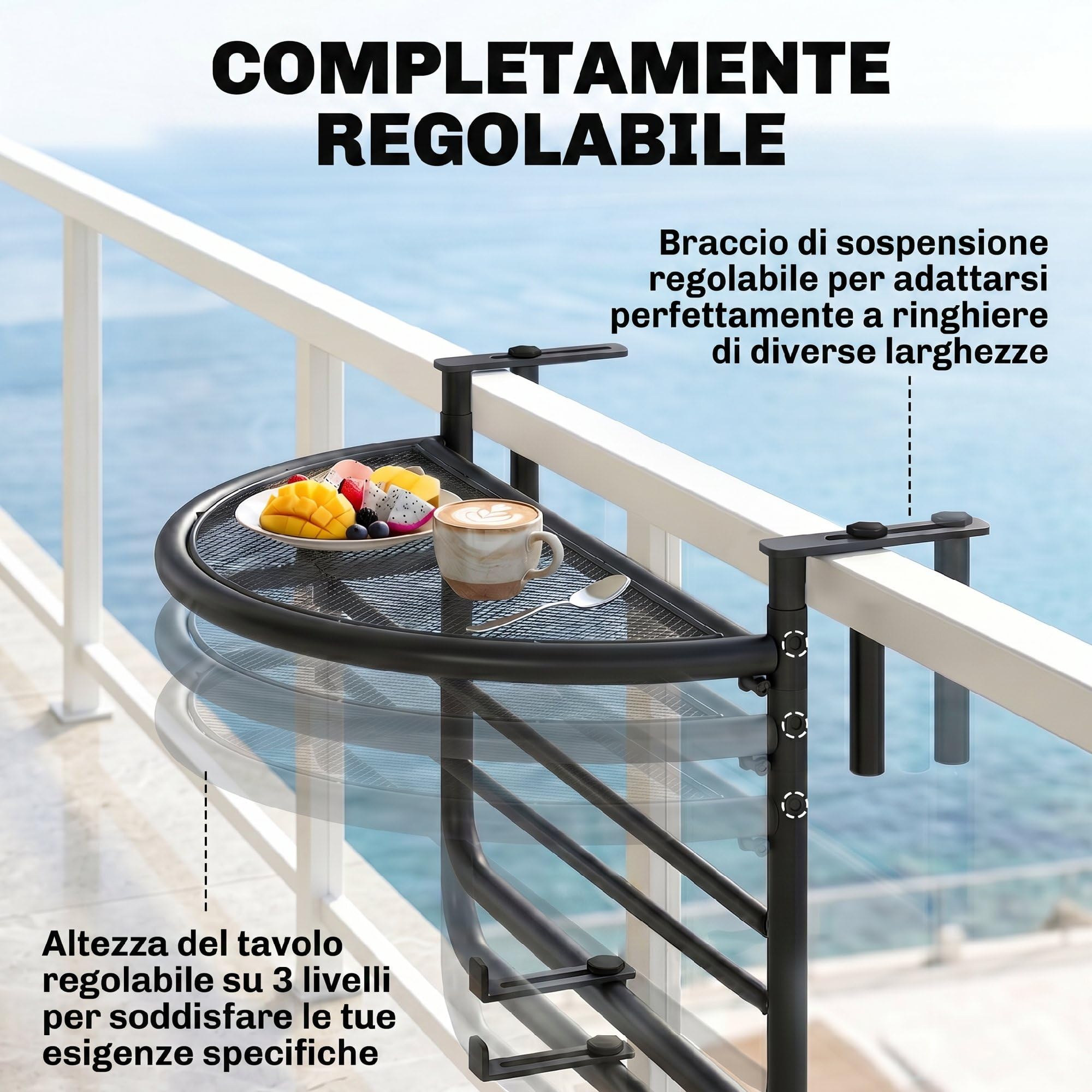 Outsunny Tavolino da Appendere alla Ringhiera del Balcone Regolabile in Altezza Ferro 60 x 45 x 50 cm Nero