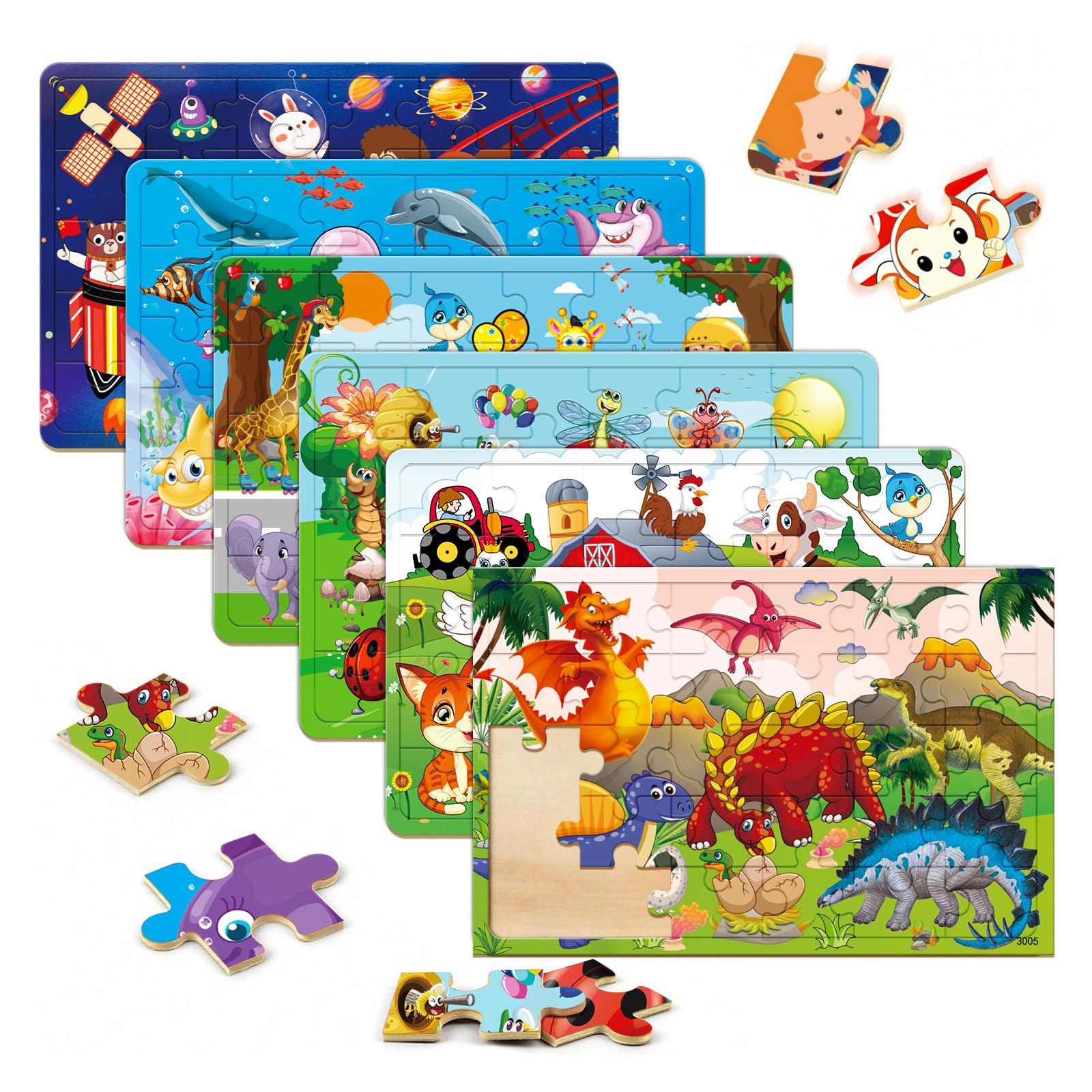 Wooden Jigsaw puzzles for kids ages 3-5 Year Old 30 Piece Colorful Wooden Puzzles for Toddler Children Learning Educational Puzzles Toys for Boys and Girls Set for Kids 3 4 5 6 Year Old (6 Puzzles)