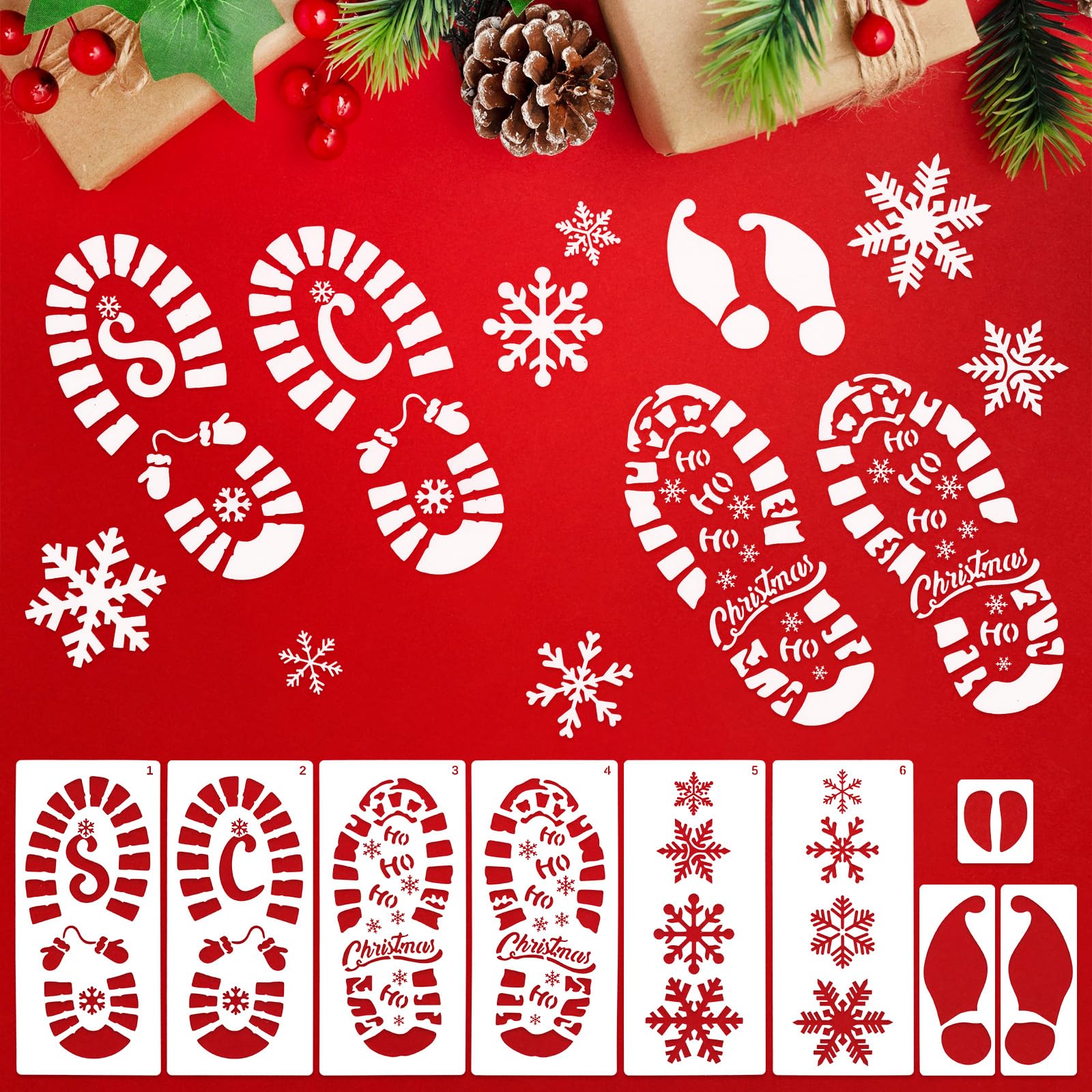 Christmas Santa Footprint Stencil, Gnome Stencil Footprints with Snowflake