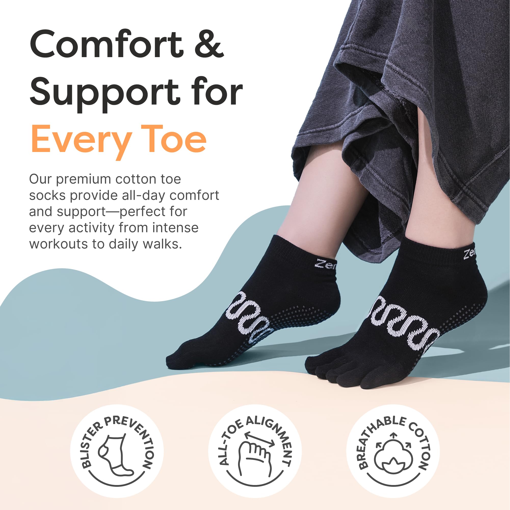 ZenToes Calcetines de pilates con agarres para mujer, antideslizantes, de algodón, con pinzas, para reducir el roce y la prevención de ampollas (L, negro)