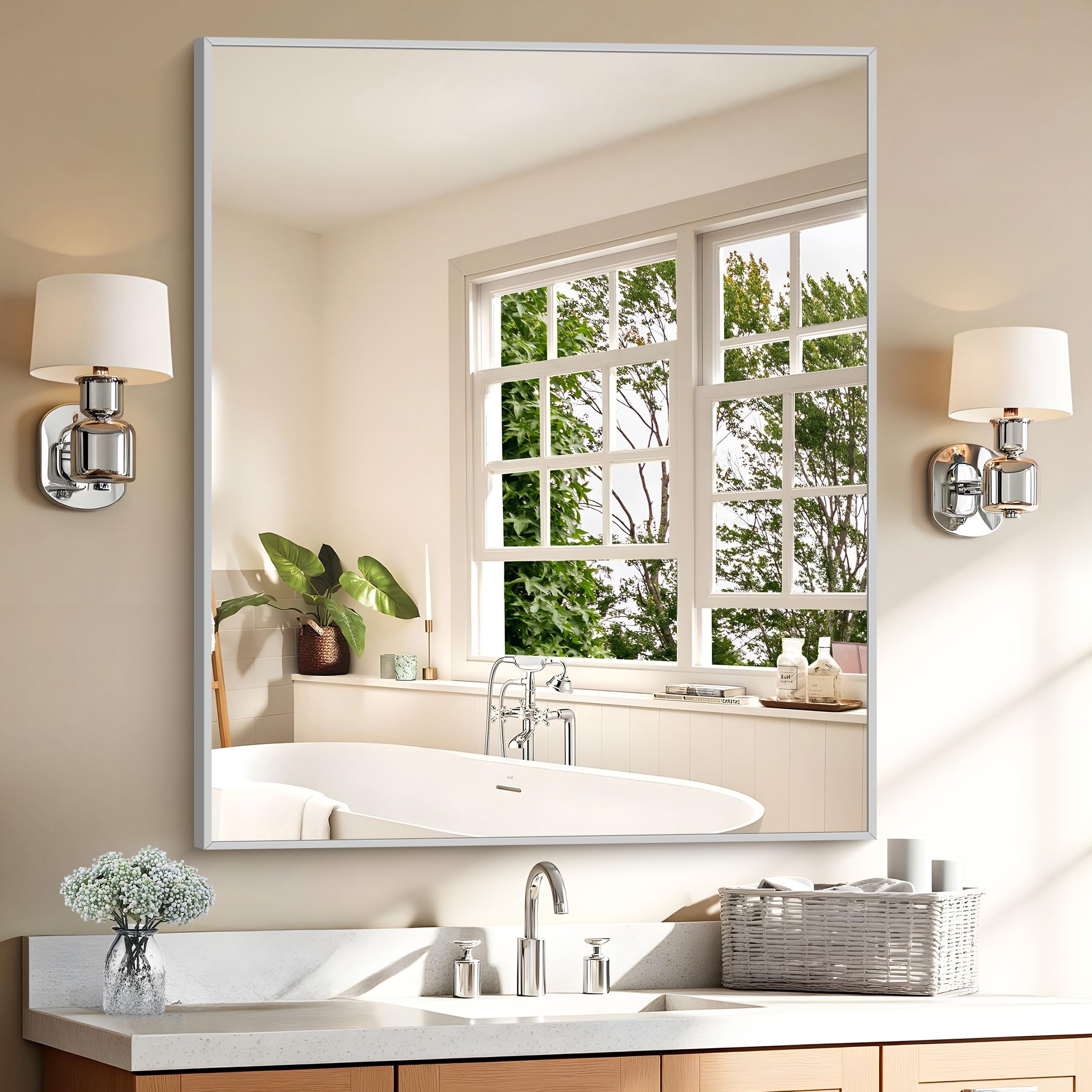 KOCUUY Silver Framed Mirror, 30"x36" Rectangle Bathroom Mirror for Wall, HD Tempered Glass, Anti-Rust Frame, Modern Design for Bathroom, Bedroom,