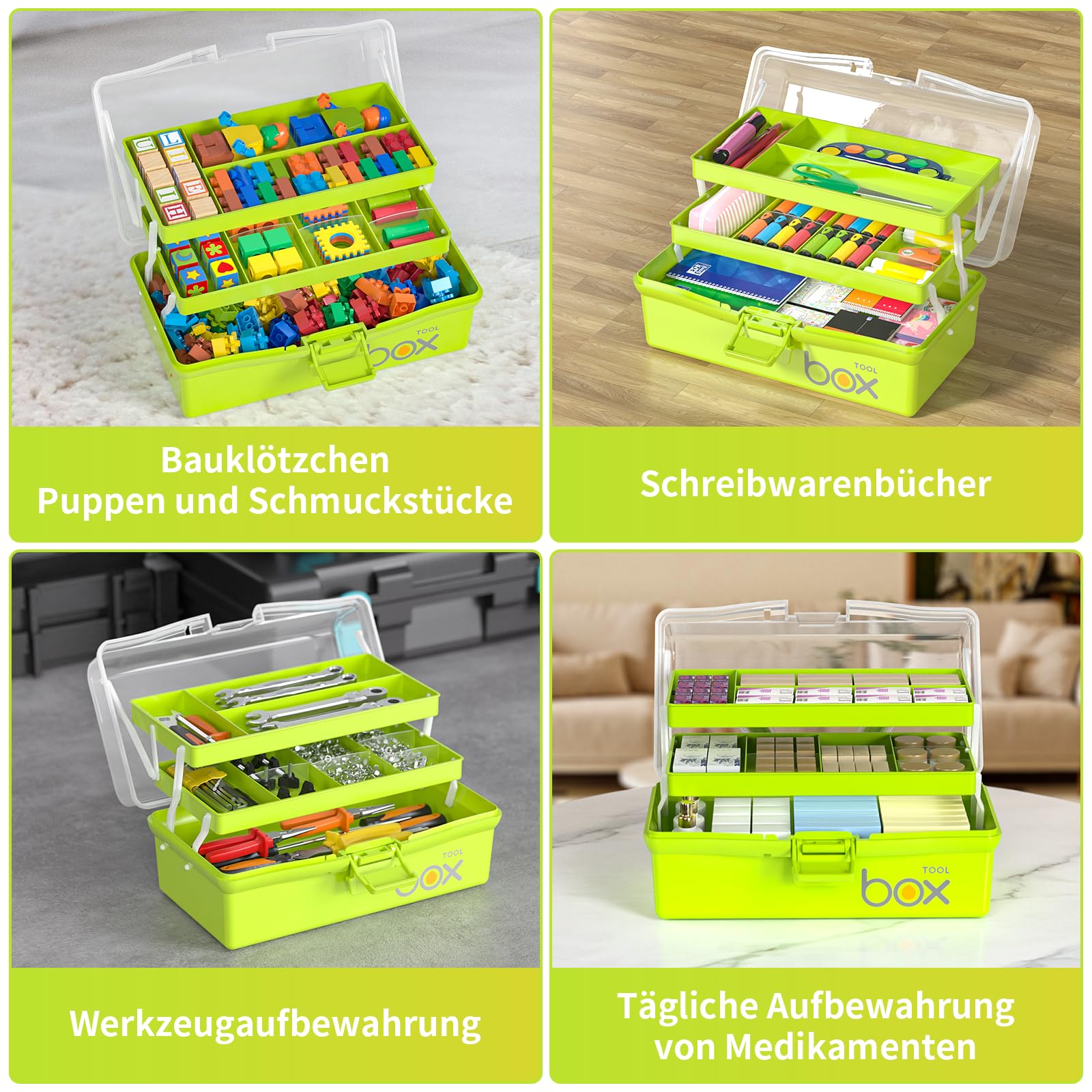 AnRui 3-stöckige Aufbewahrungsbox – Faltbar, Tragbar, Für Erste-Hilfe, Medikamente, Basteln, Kosmetik (grün)