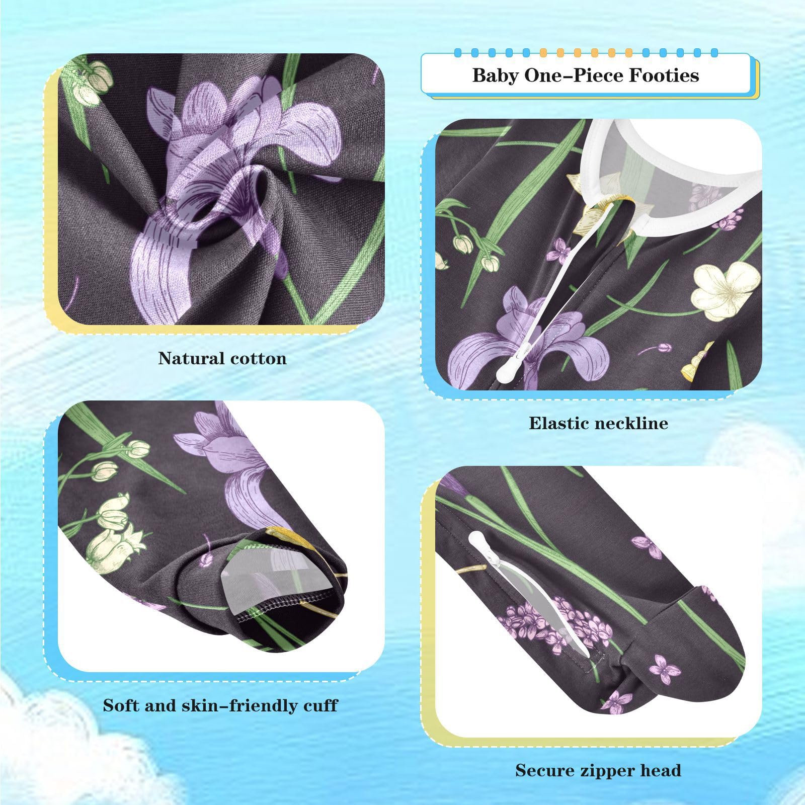 Dussdil Lavender Lavender Poppy Baby One-Piece Footies Newborn Rompers Pajamas Cotton Footed Pjs for Sleep Play Boys Girls 6 Month