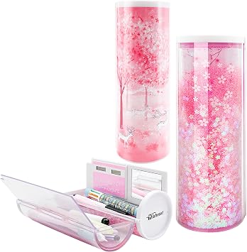 Kawaii Pencil Case with Quicksand, Calculator, Clear Stationery Box, Cute Pouch, Special Storage Bag, Standing Cylindrical Pen Holder, Desk Organizer for Girls/Boys/Kids Pink Sakura