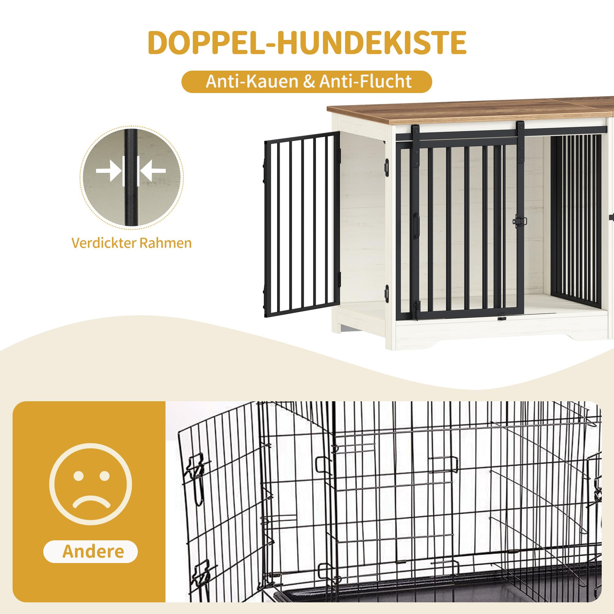 Hzuaneri Hundekäfig Möbel für 2 Hunde, Doppel-Hundekäfig mit Trennwand, Robuste Hundebox aus Holz, Hundekäfige mit Scheunentür, TV-Ständer-Design für Kleine bis Mittelgroße Hunde, Weiß Braun DFC88314B