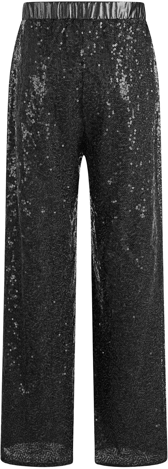 Kids Girls Sequins Wide Leg Pants Metallic High Waist Dance Pants Jazz Hip Hop Disco Ballroom Costume Dancewear