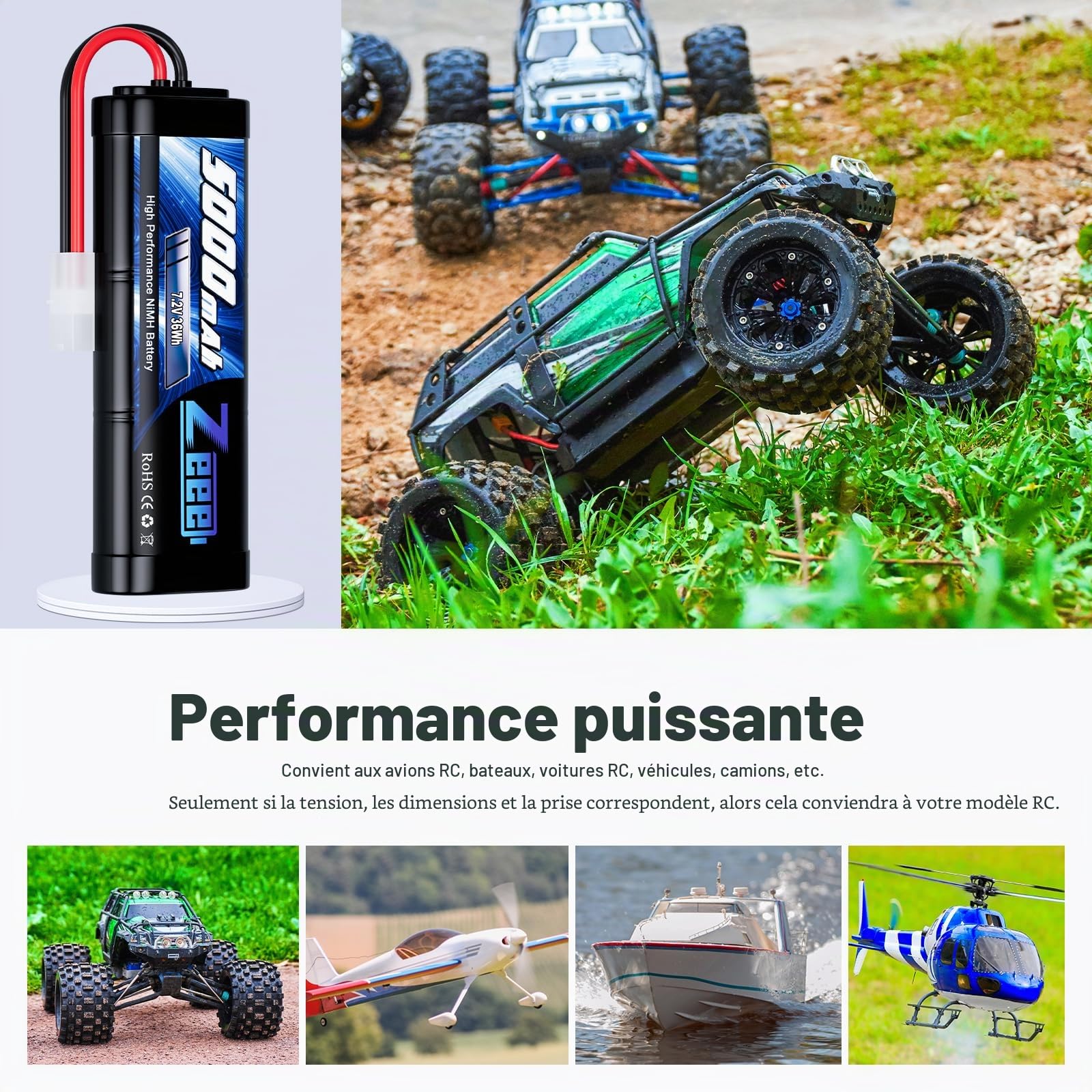 Zeee 7,2V 5000mAh RC NiMH Batterie avec Prise Tamiya pour Voiture RC Camion HPI Losi Kyosho Tamiya Hobby (2 Paquets)