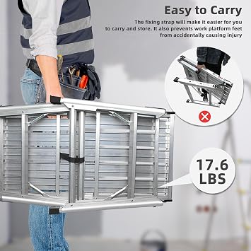 ORIENTOOLS Adjustable Work Platform, (39.4 X 18.5) Portable Folding Aluminum Step Ladder, Scaffolding Platform of Capacity 330 LBS Heavy Duty, 7 Gear Adjustable Height 24 to 35 inches
