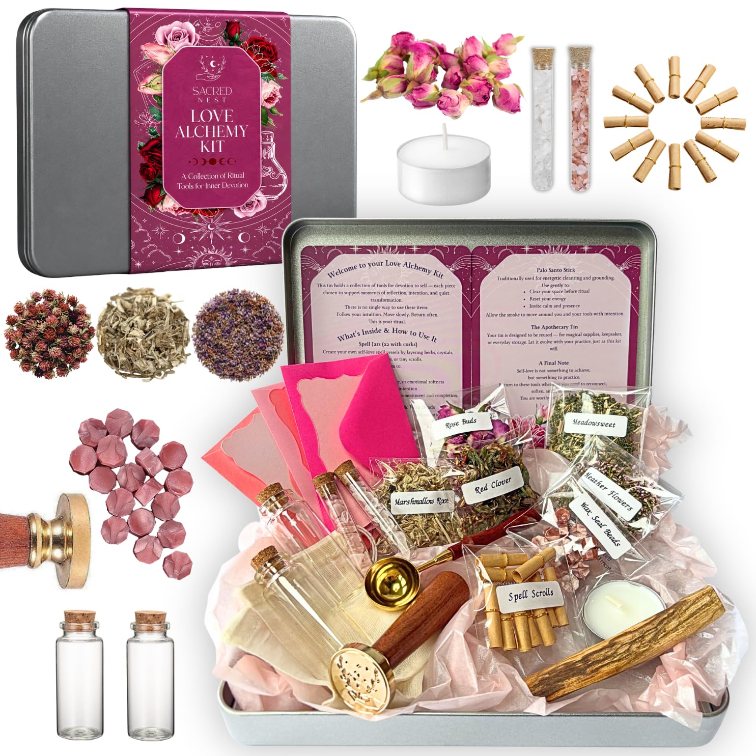 Love Alchemy Ritual Tin – Luxury Witchcraft Supplies Kit with Crystals, Spell Candles, Spell Jars & Seal Stamp Kit, Witchy Gifts for Women, for Witches & Pagans