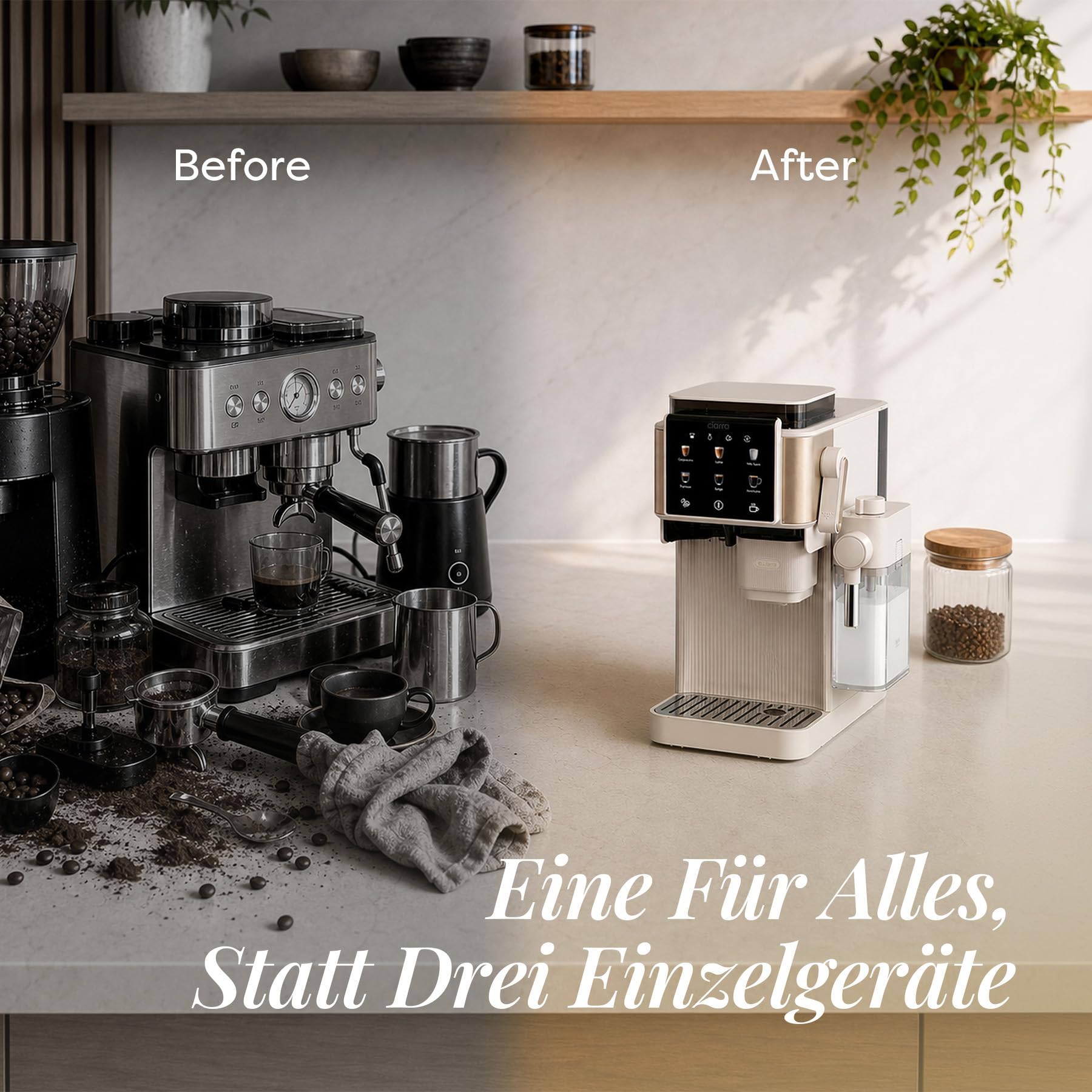 CIARRA CBSACM-D6 Kaffeemaschine mit Mahlwerk und Milchaufschäumer 15 Bar | Semi-automatische Espressomaschine mit automatisches Mahlen Tampen & Brühen, für Espresso Cappuccino, Farb-Touchdisplay