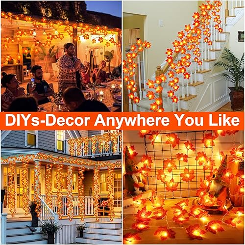 Miniatura 6 de Temporizador – Paquete de 5 guirnaldas de luces de otoño para decoración de otoño, total de 100 LED de 50 pies, guirnalda de hojas de arce ampliada,