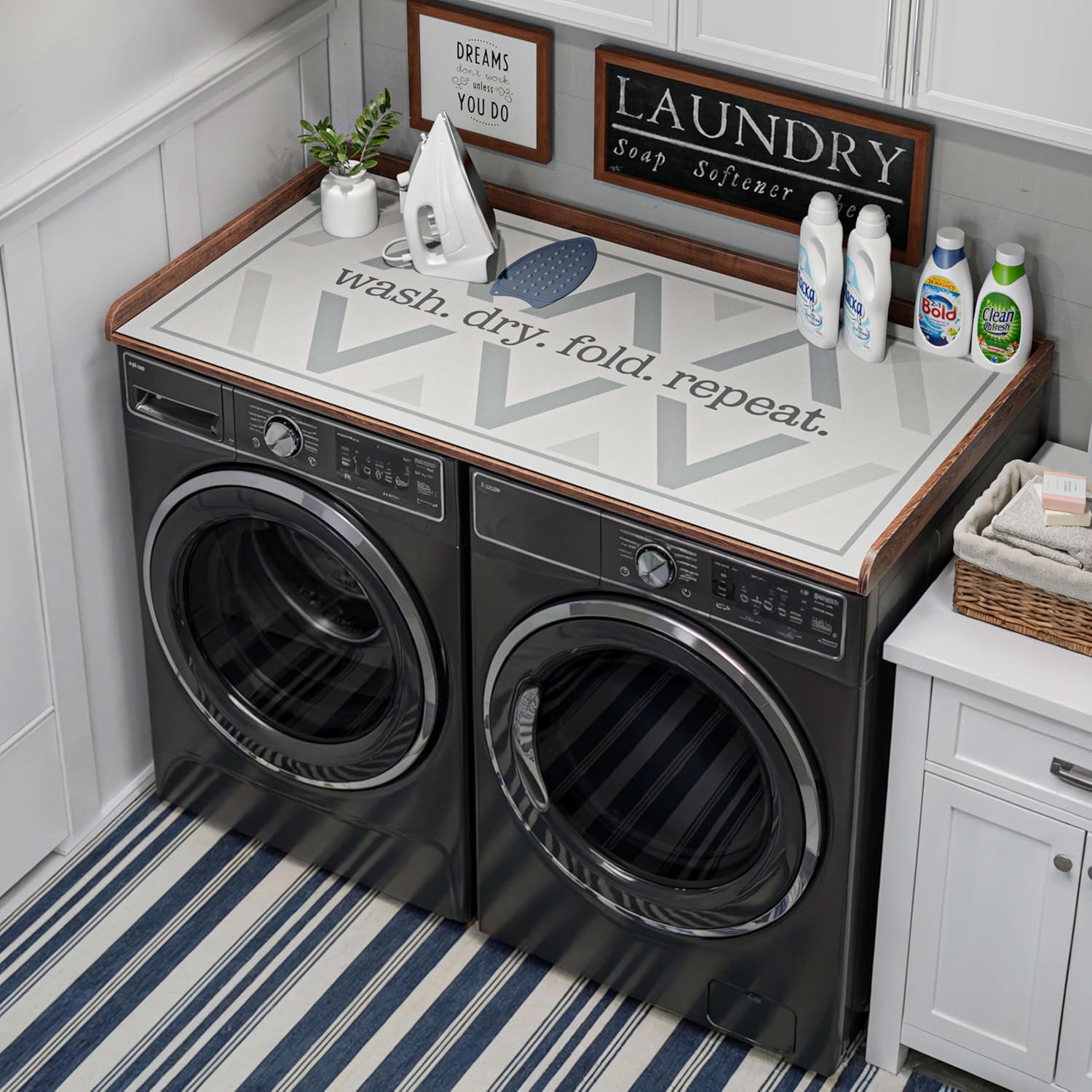 FIMELLO 27.6" x 54" Washer and Dryer Countertop, Laundry Countertop with Edge Rails, Washer and Dryer Topper, Washing Machine Topper, Laundry Table for Folding Clothes and Storage, Rustic Brown